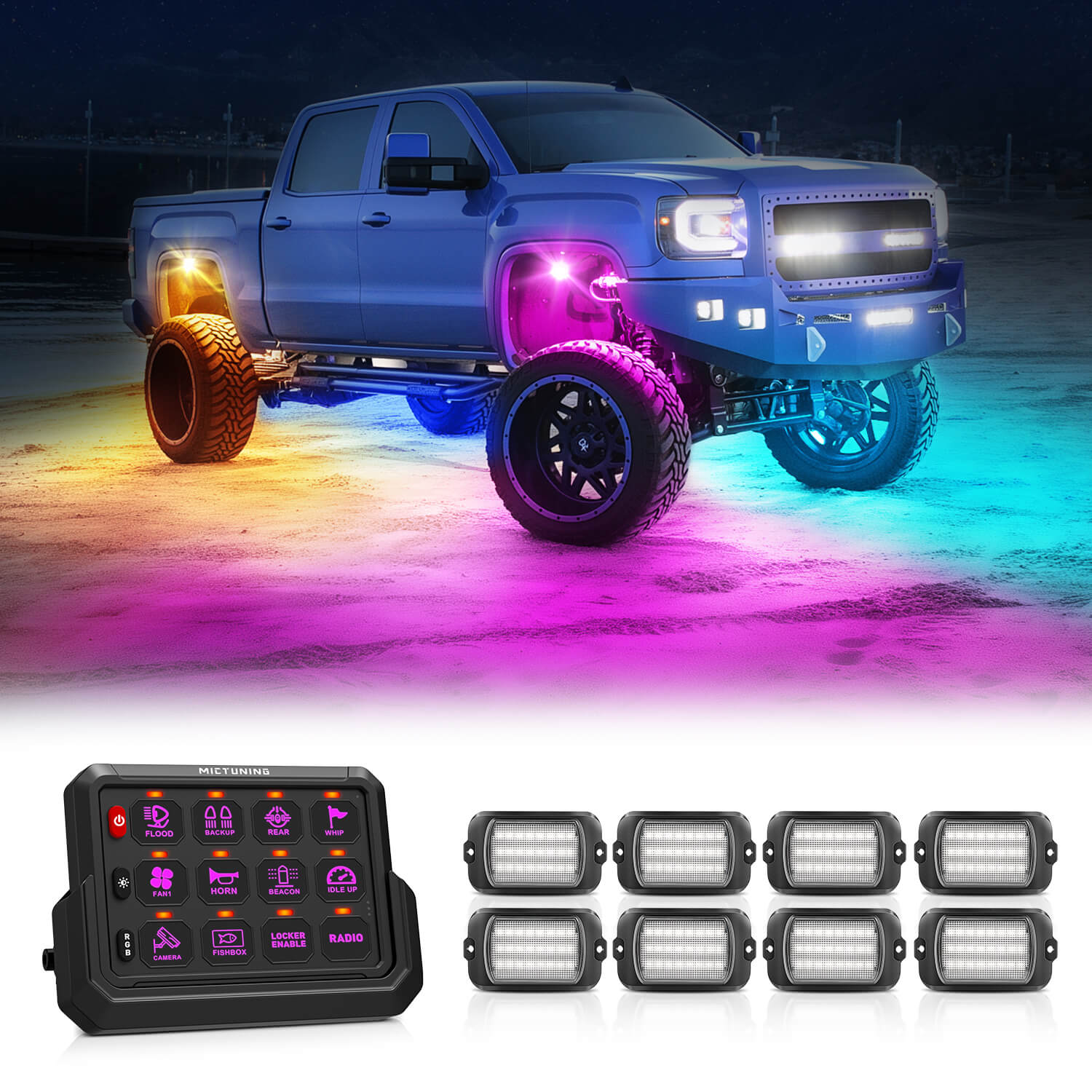Q1 Max RGB+IC Rock Lights 8-24 Pods Bundle with P1s-AC Wireless 8/12 Gang RGB Switch Panel Removable Panel