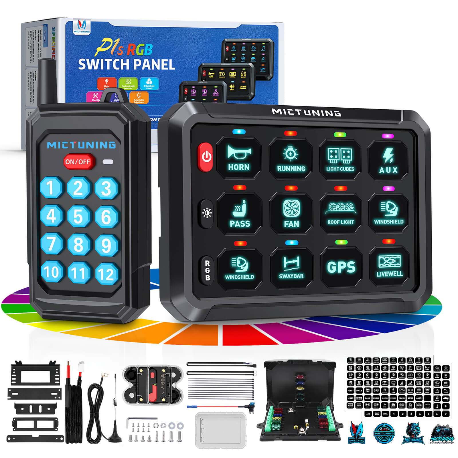 P1s RGB Switch Panel with Remote Control Range Up to 230FT, 6/8/12 Gang, Multifunction Toggle Momentary Strobe Pulsed Switch Pod w/ Silicone Cover