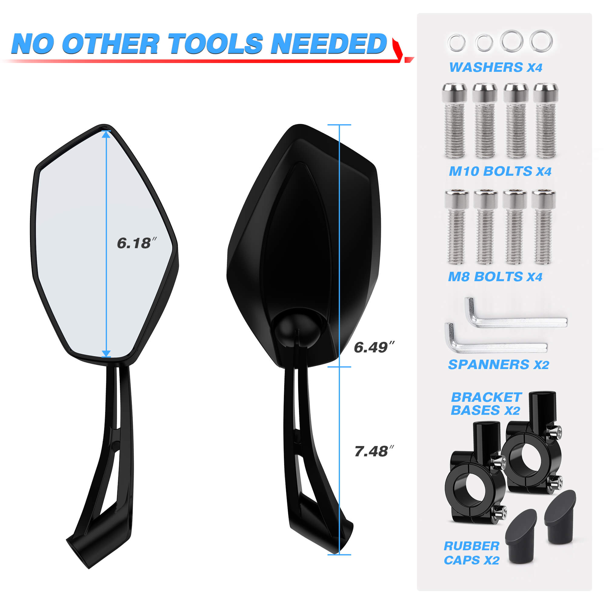 Motorcycle Rearview Mirrors Convex Blue Lens, Impact-Resistant ABS, 180° Rotation Adjustable- Fits M8 M10 Socket or 22mm Diameter Handlebar