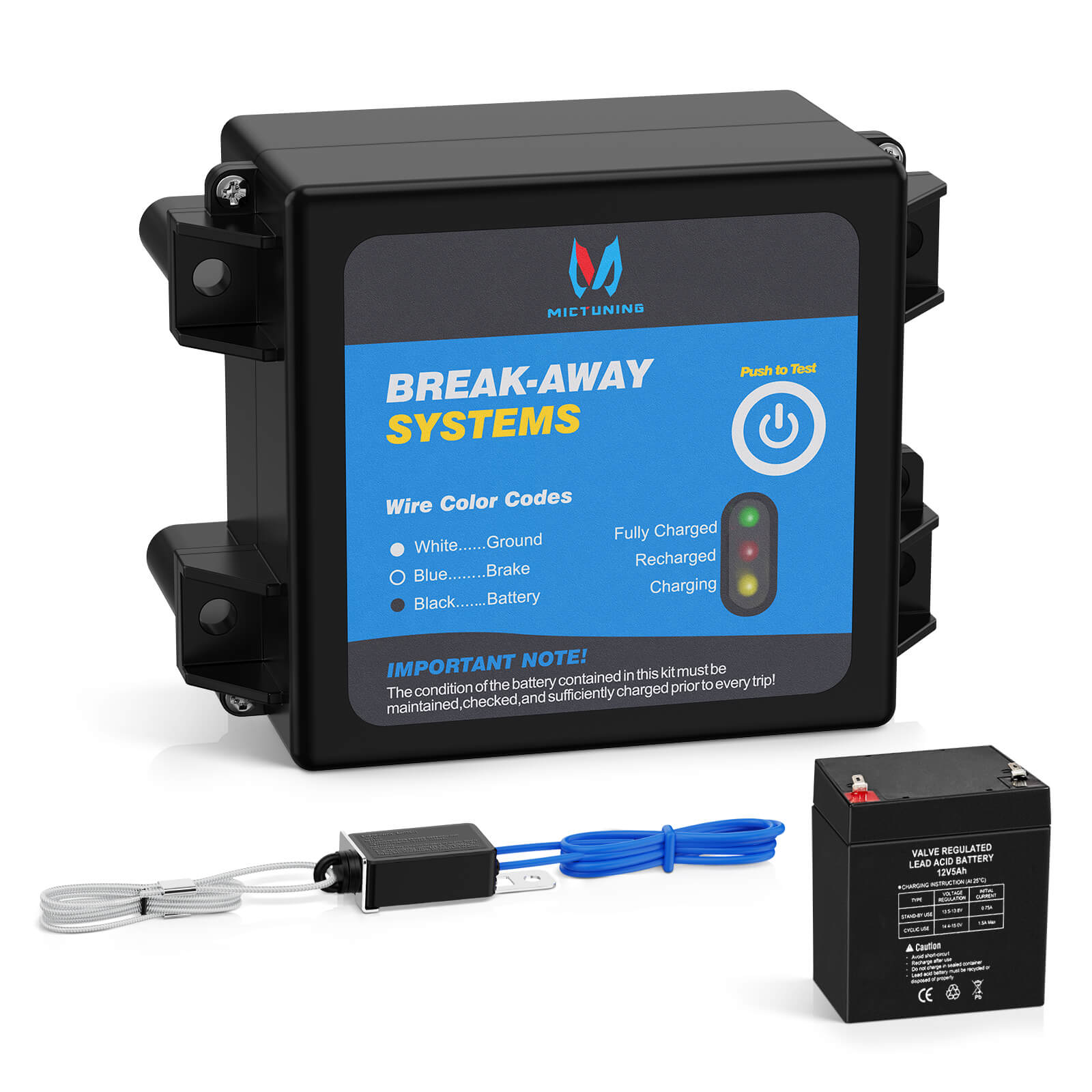 Trailer Brakes Breakaway Kit with Charger, LED Indicator, Switch, 12V 5AH Built-in Battery for Towing Trailer Caravan