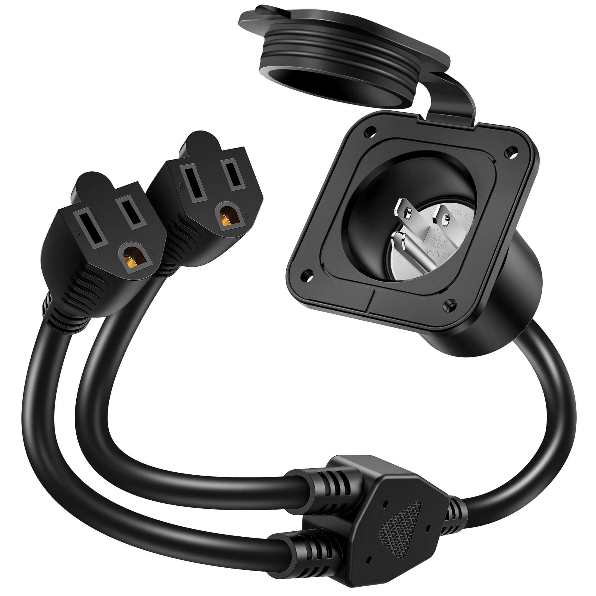 15A NEMA 5-15P Shore Power Inlet with Dual 18" Extension Cords Y Splitter Cable,  ETL Listed, Waterproof Cover AC Electrical Port Plug for RV Boat
