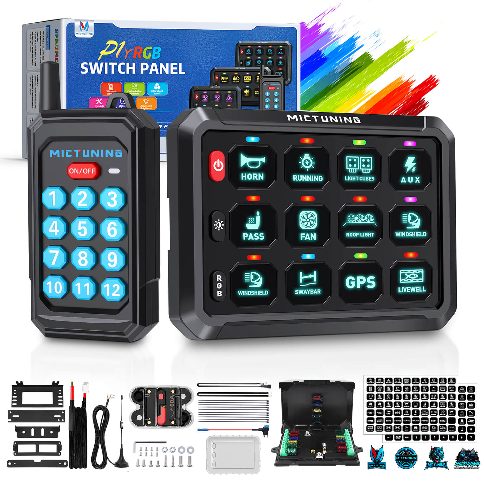 P1s RGB Switch Panel with Remote Control Range Up to 230FT, 6/8/12 Gang, Multifunction Toggle Momentary Strobe Pulsed Switch Pod w/ Silicone Cover