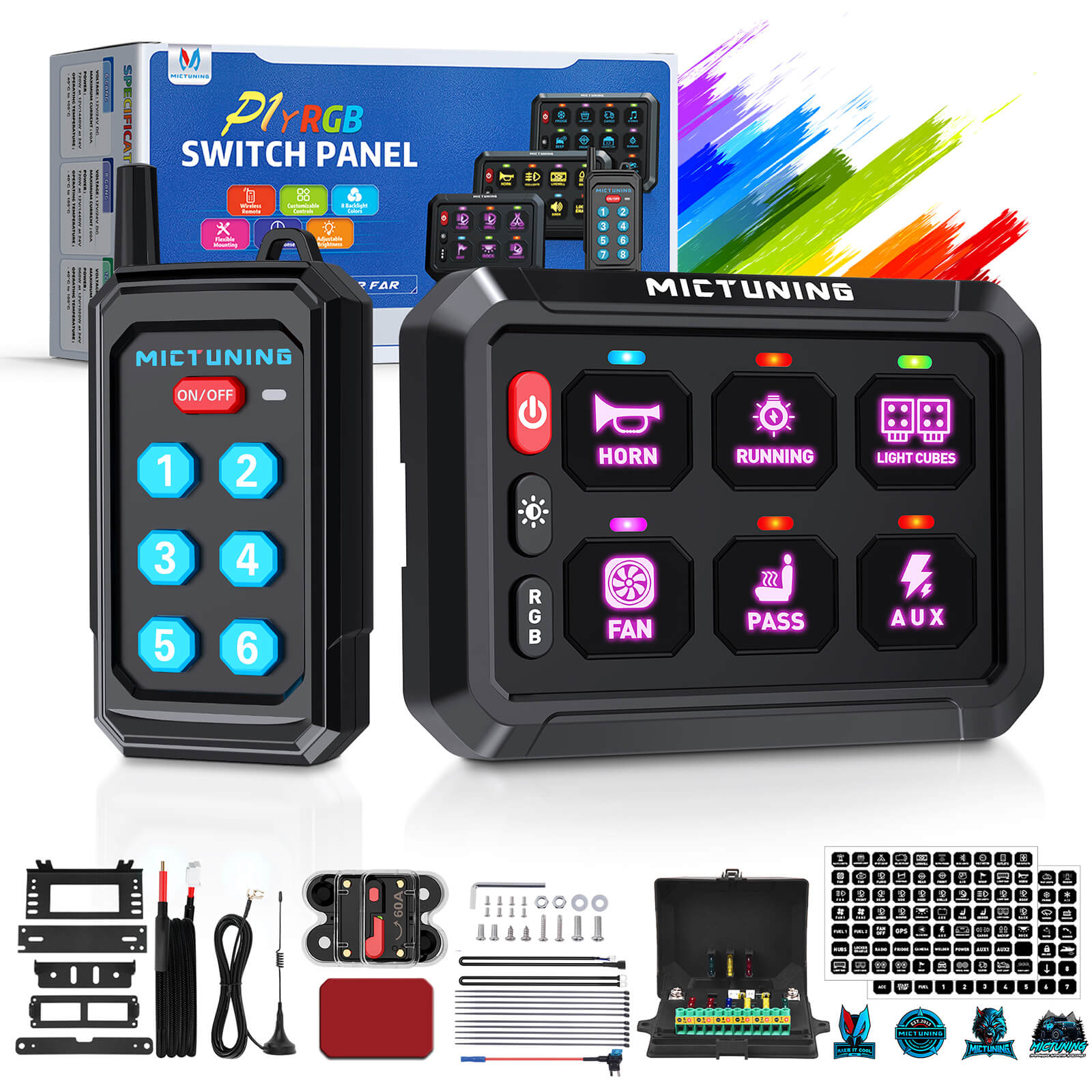 P1s RGB Switch Panel with Remote Control Range Up to 230FT, 6/8/12 Gang, Multifunction Toggle Momentary Strobe Pulsed Switch Pod w/ Silicone Cover