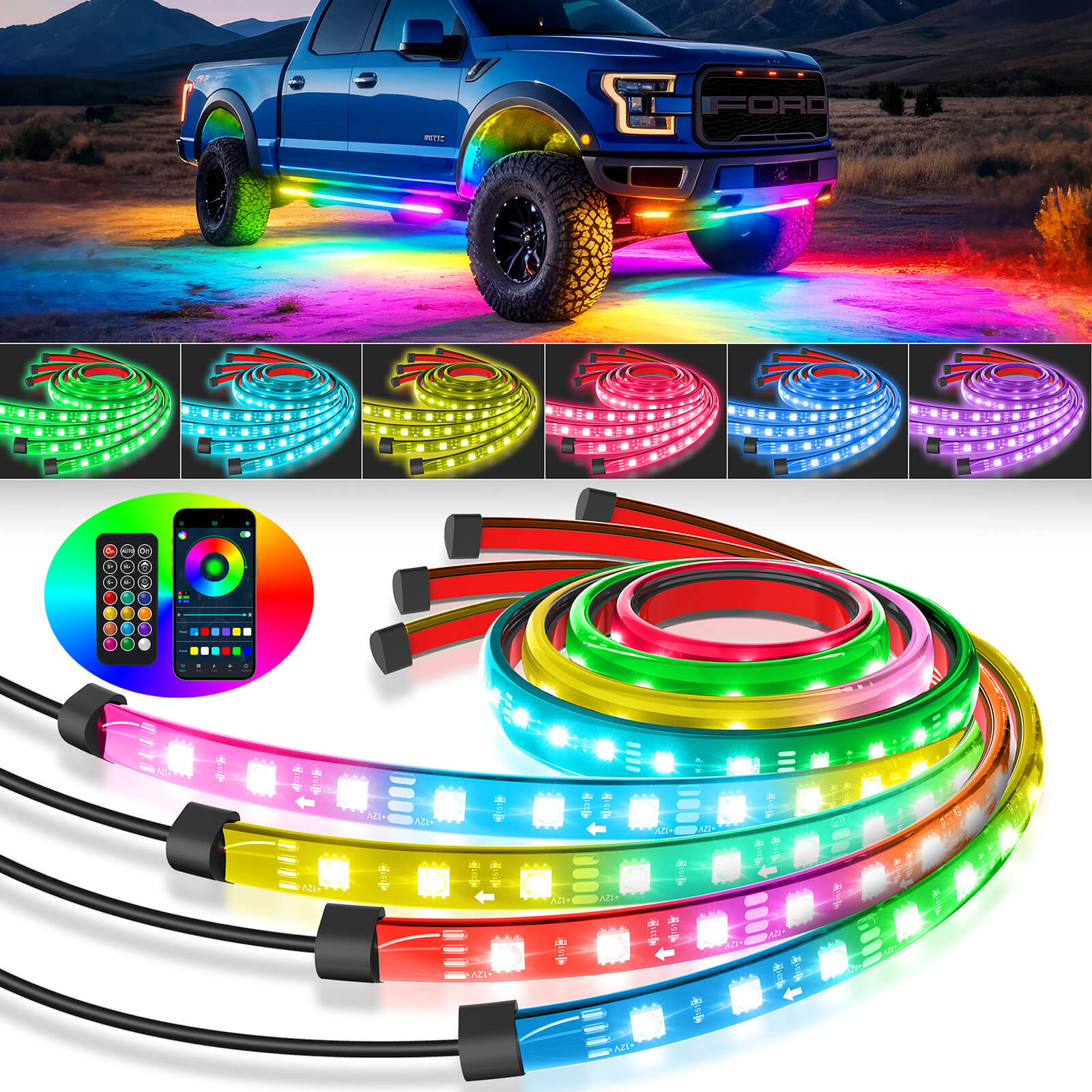 RGB+IC Car Underglow Neon Accent Strip Lights, APP & Remote Control, Sound Active Function, Music Mode(2x35″+2x47″/4x35″+2x47″ )