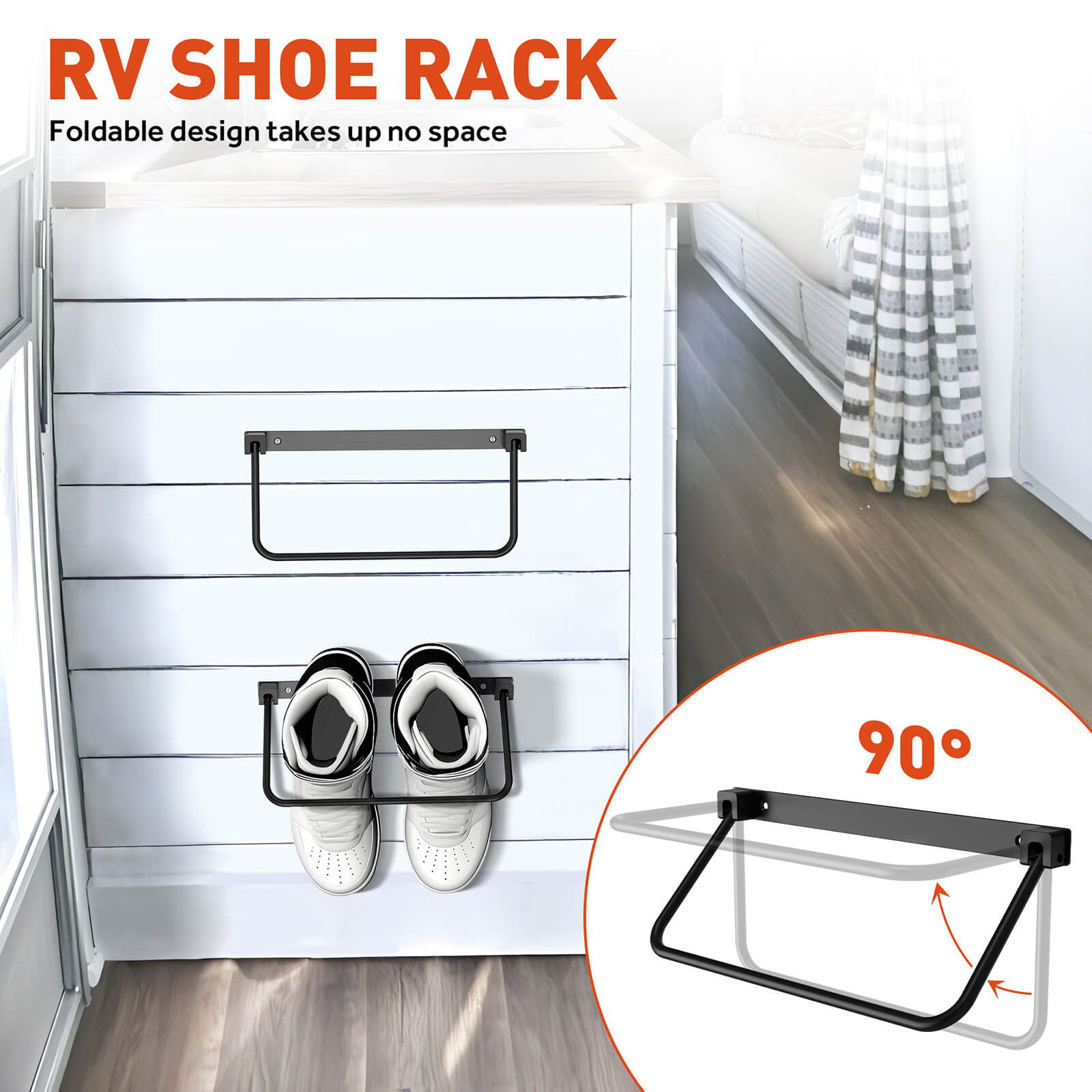 RV Shoe Storage Rack – Wall Mount, Foldable Camper Accessories Organizer, 13" Aluminum Hanging Shelf for Trailer (2 Pack)