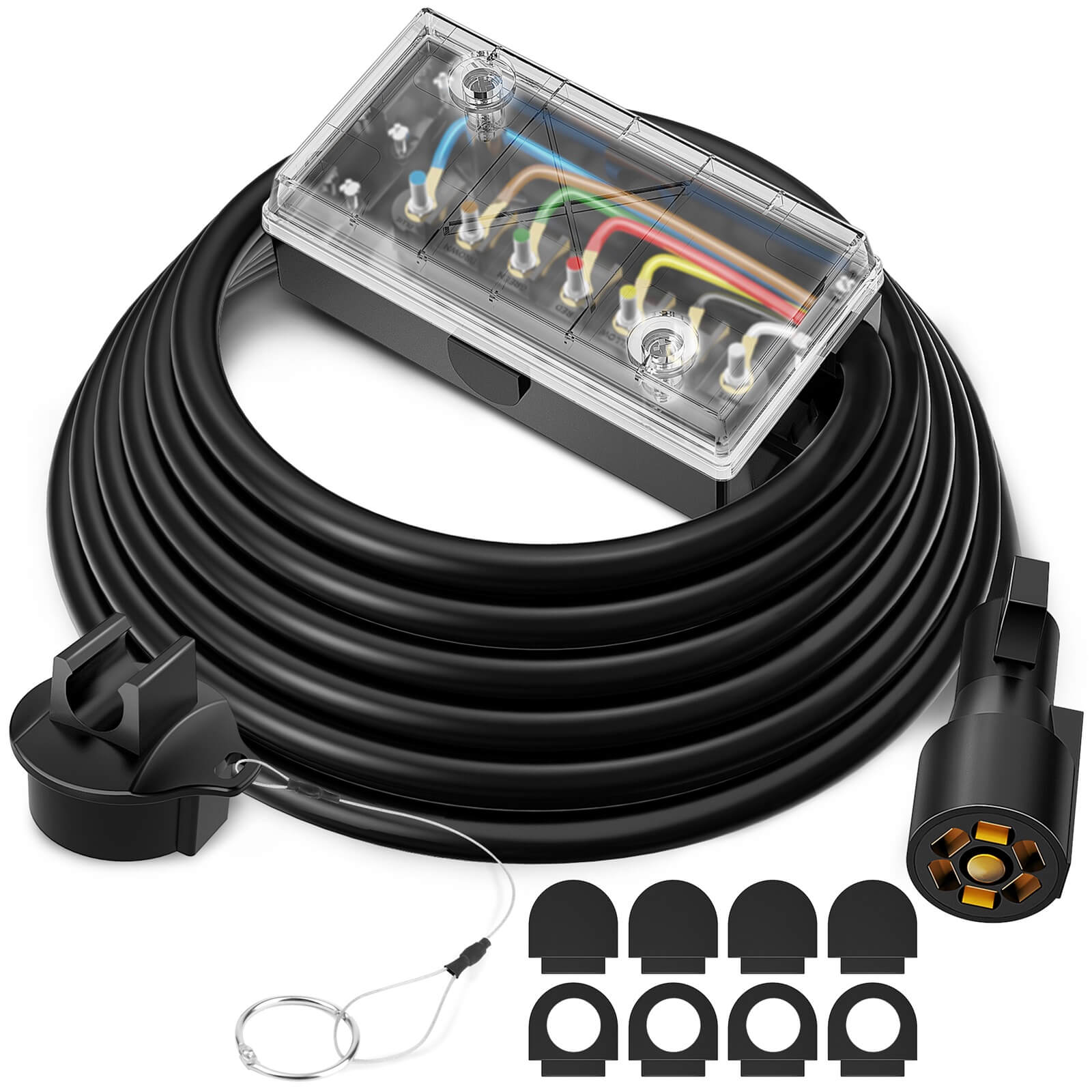 12/16FT Heavy Duty 7 Way Trailer Cord Plug Connector with Transparent Cover 7 Gang Junction Box, Weatherproof