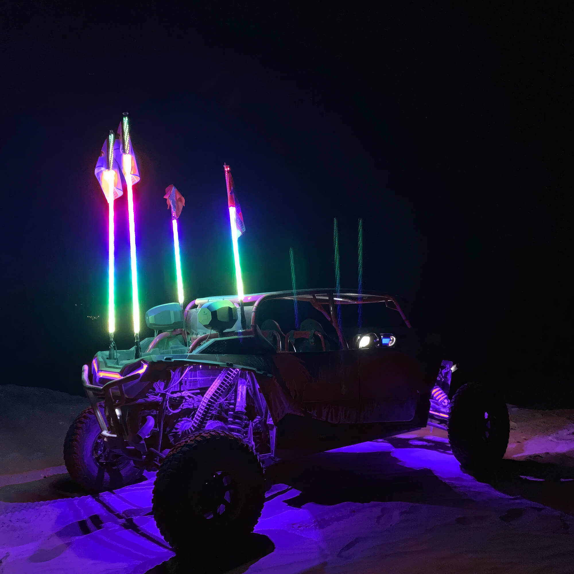 3FT/4FT W1 LED Whip Lights with Flag 2pcs/10pcs - Spiral Bendable RGB Chasing Color Antenna Whips - Bluetooth App Control