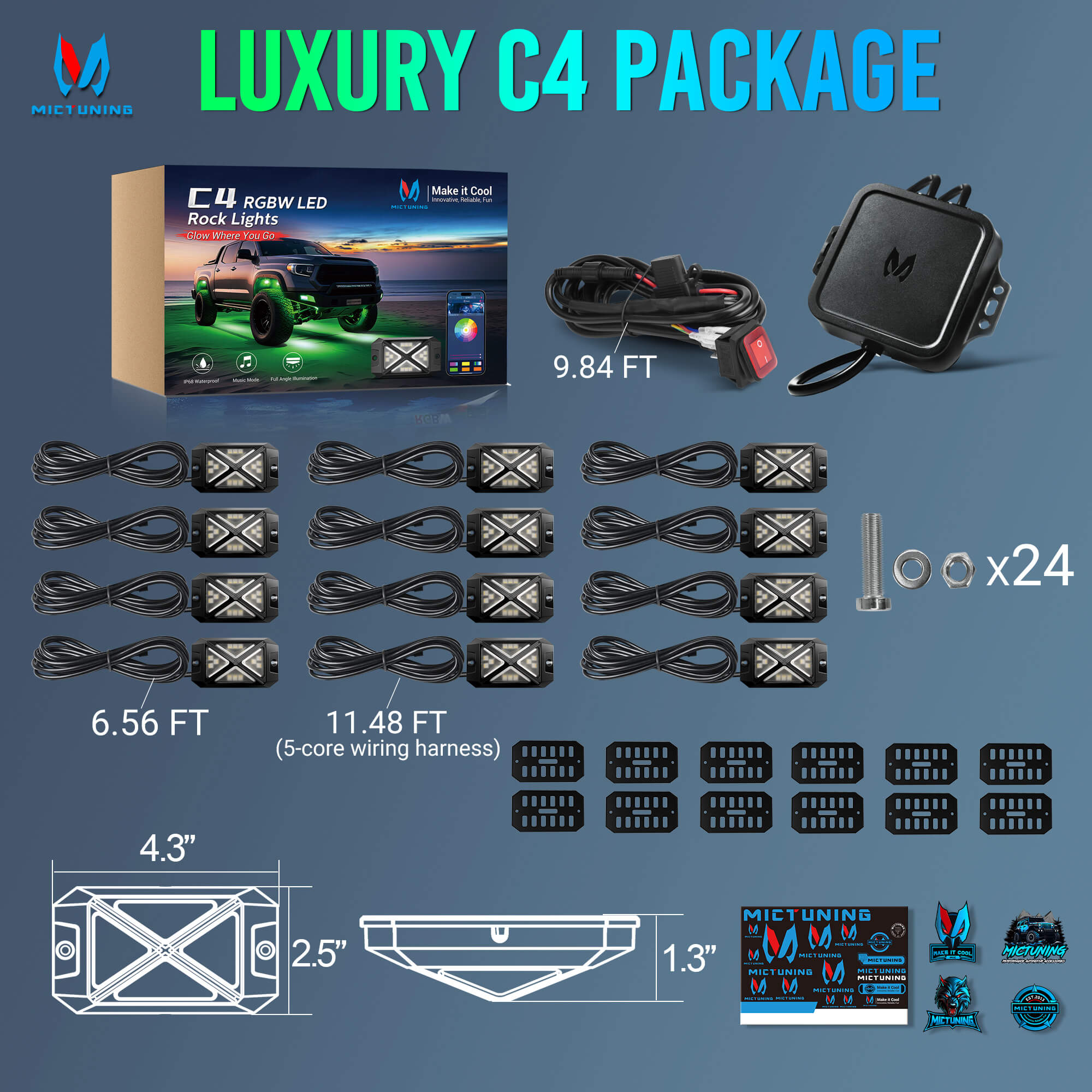 2025 Newest C4 360° Ultra-bright 4-Sided Wide Angle RGBW LED Rock Lights, Microphone Sync with APP Control, 8-16 Pods