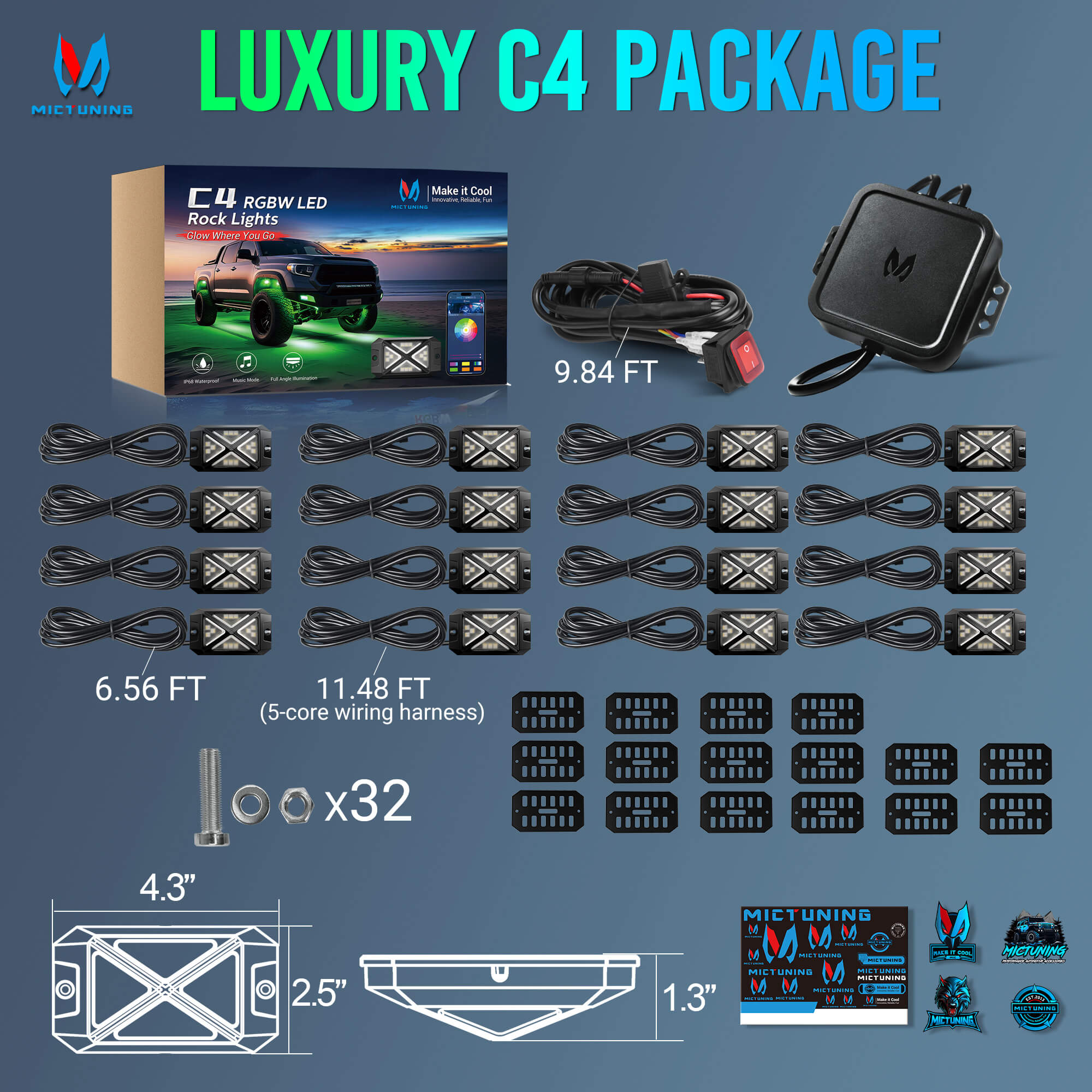 2025 Newest C4 360° Ultra-bright 4-Sided Wide Angle RGBW LED Rock Lights, Microphone Sync with APP Control, 8-16 Pods