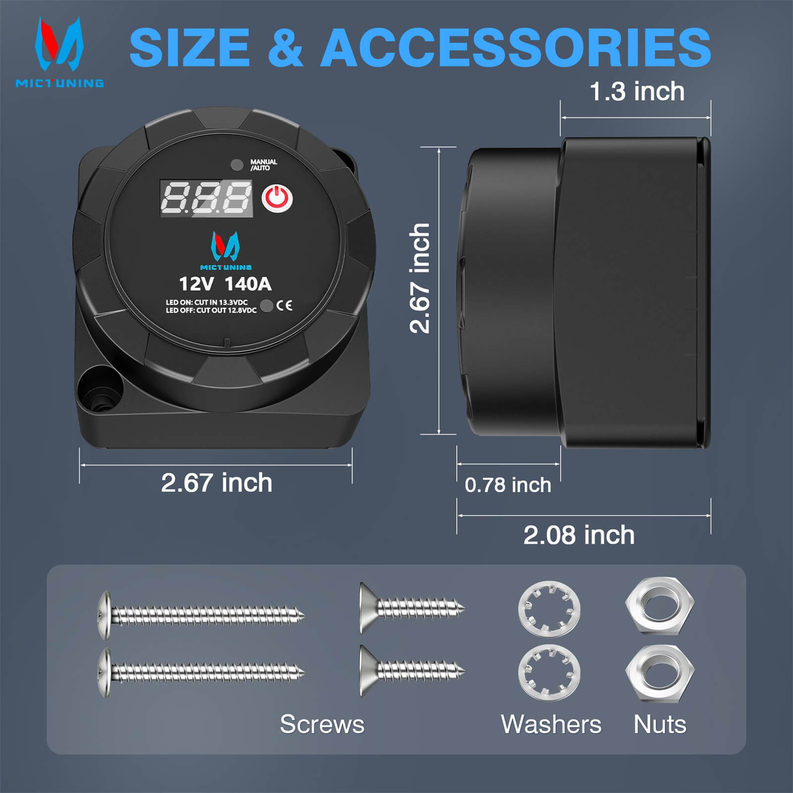 12V 140 AMP Dual Battery Isolator Voltage Sensitive Relay with Digital Voltmeter Smart VSR Manual/Automatic Charger Disconnect Lead-Acid Battery