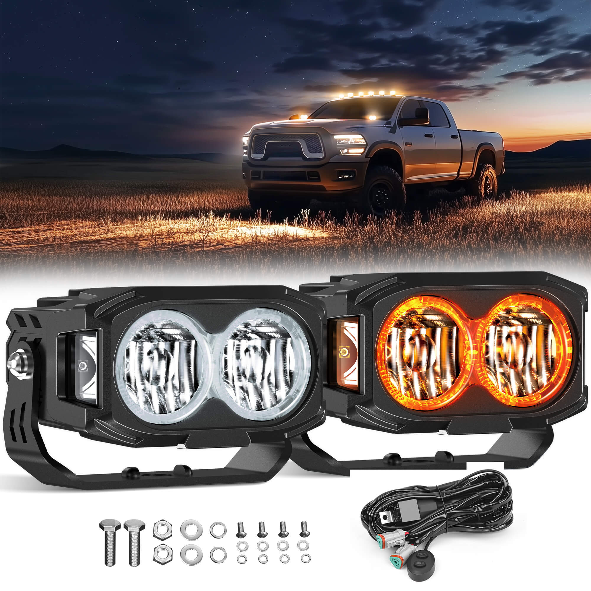 K3 4 Inch 56W LED Pod Lights RGB with White Offroad Driving Lights (7 Colors), w/ Wiring Harness Switch, Flood Beam/Spot Beam, 2PCS
