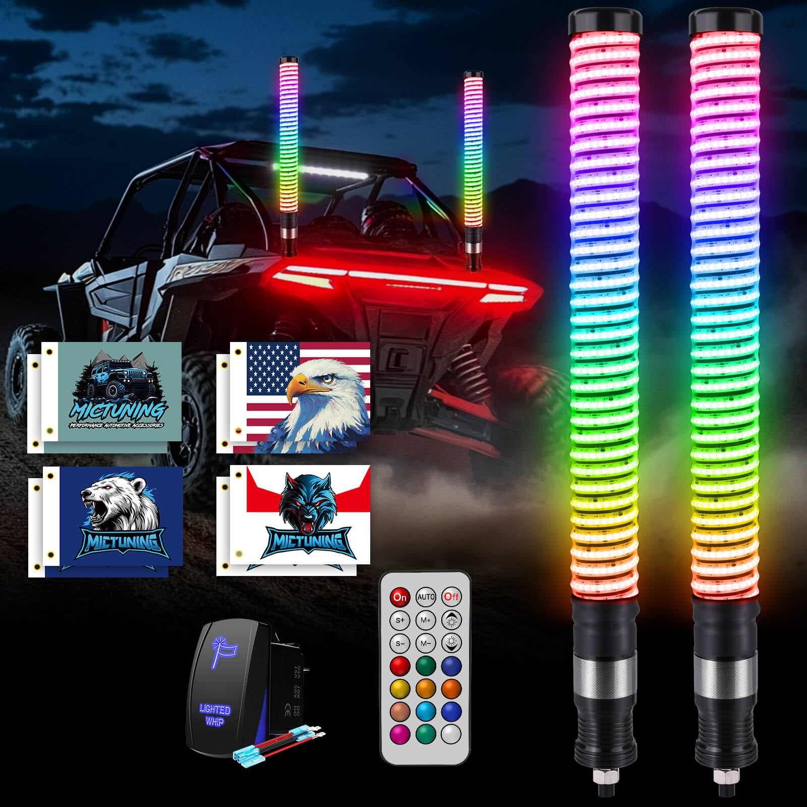 1FT/2FT Fat Whip Light COB LED RGB+IC Chasing Colors, Remote Control, 2pcs