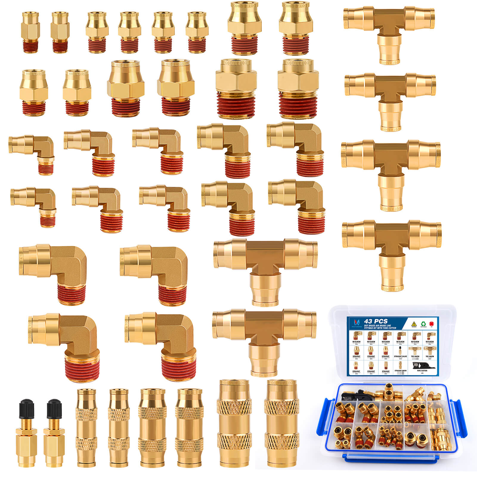 43 PCS Brass DOT Air Brake Line Fittings Assortment Kit, Quick Connect & NPT Thread Tube Air Hose Fittings Repair Kit, Fittings for Truck or Industrial Air System