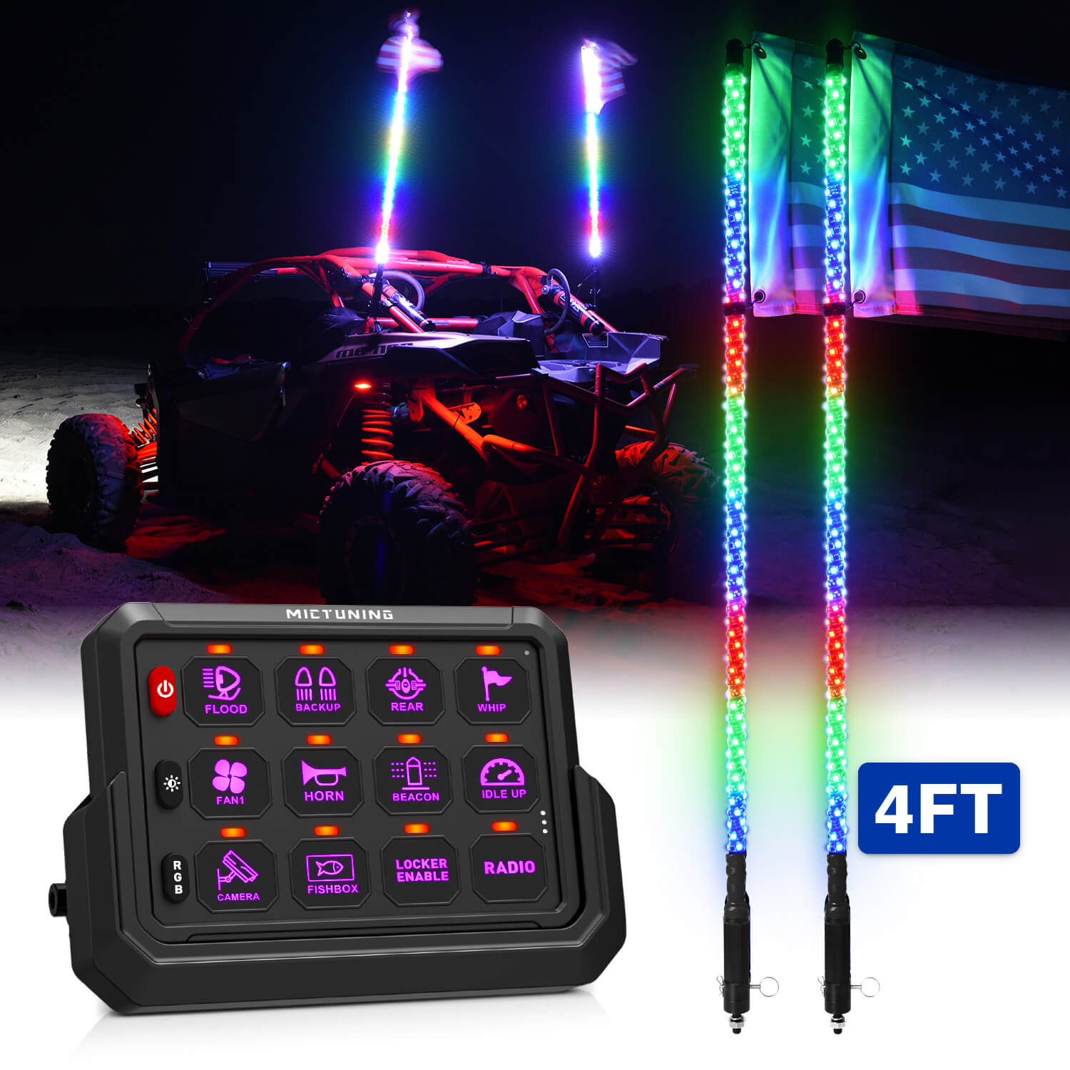 P1s-AC Wireless RGB Switch Panel Bundle with W1 Spiral 3FT/4FT Whip Lights