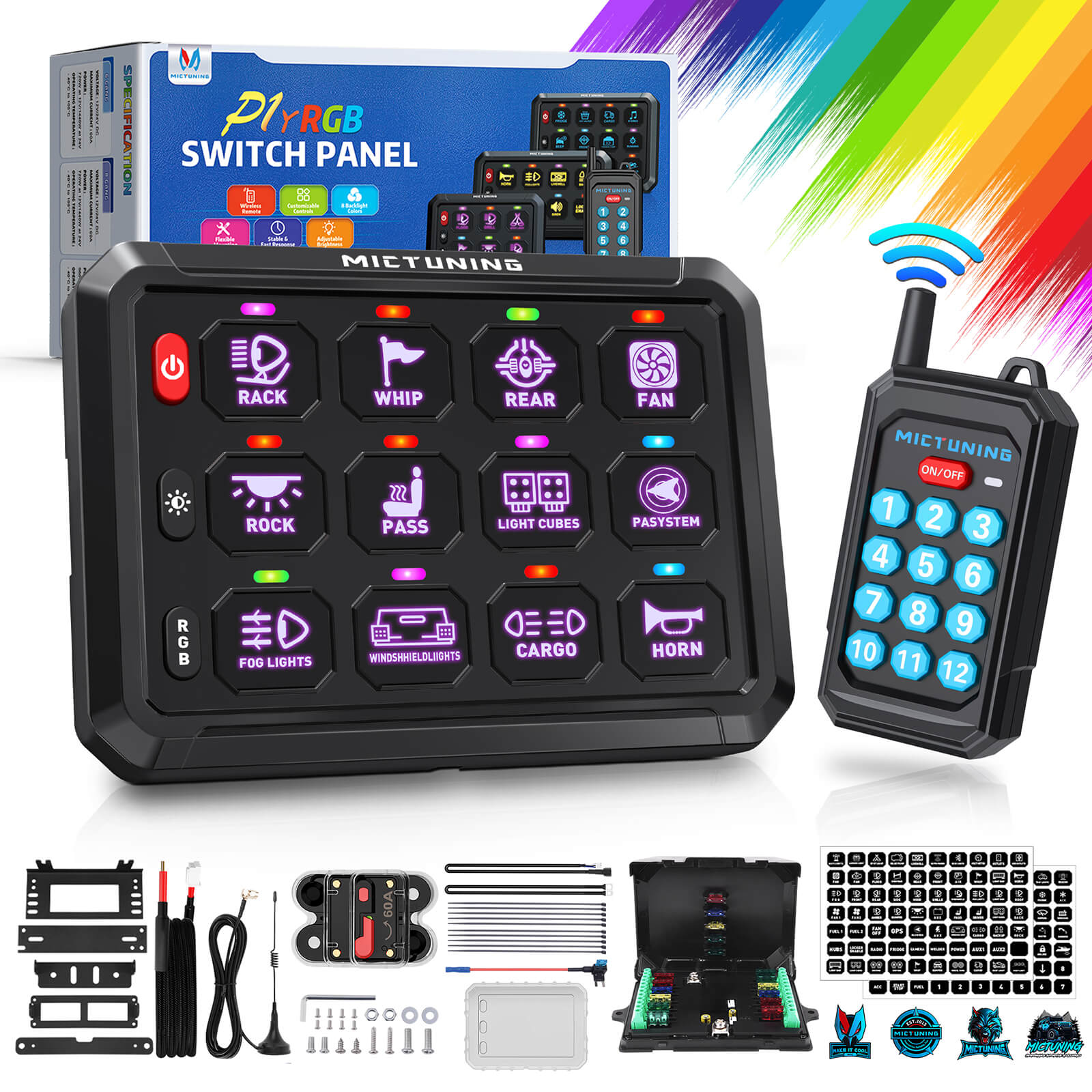 P1s Switch Panel with Wireless Remote Control Bundle with Q1 Max RGB+IC Rock Lights Kit 24LEDs/Pod Super Bright, 8-24 Pods