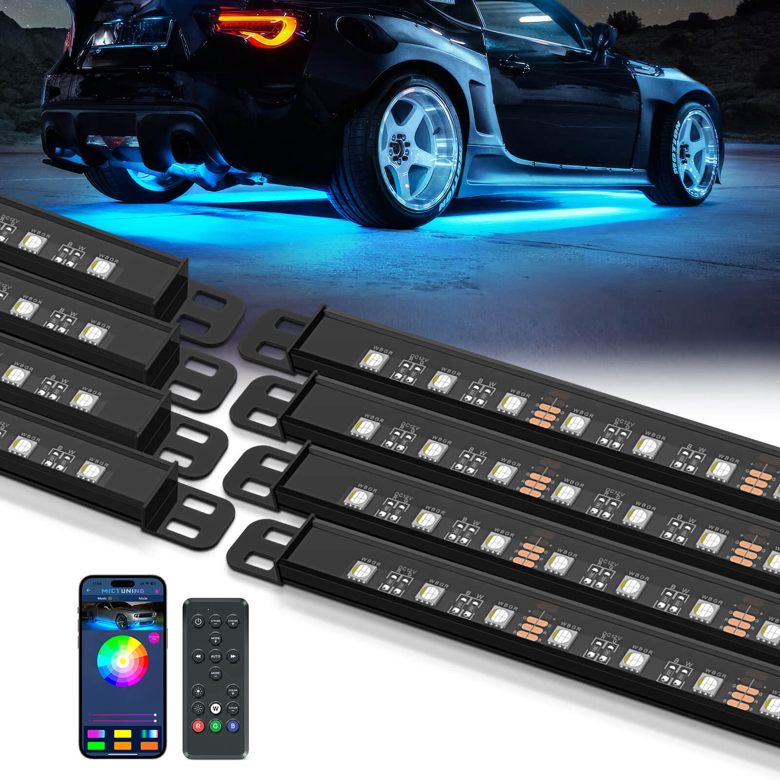 N8 Aluminum LED Car Underglow Light Kit, Exterior Underbody Multicolor Light Strip 8PCS - App+Remote Control（RGBW/RGB+IC）
