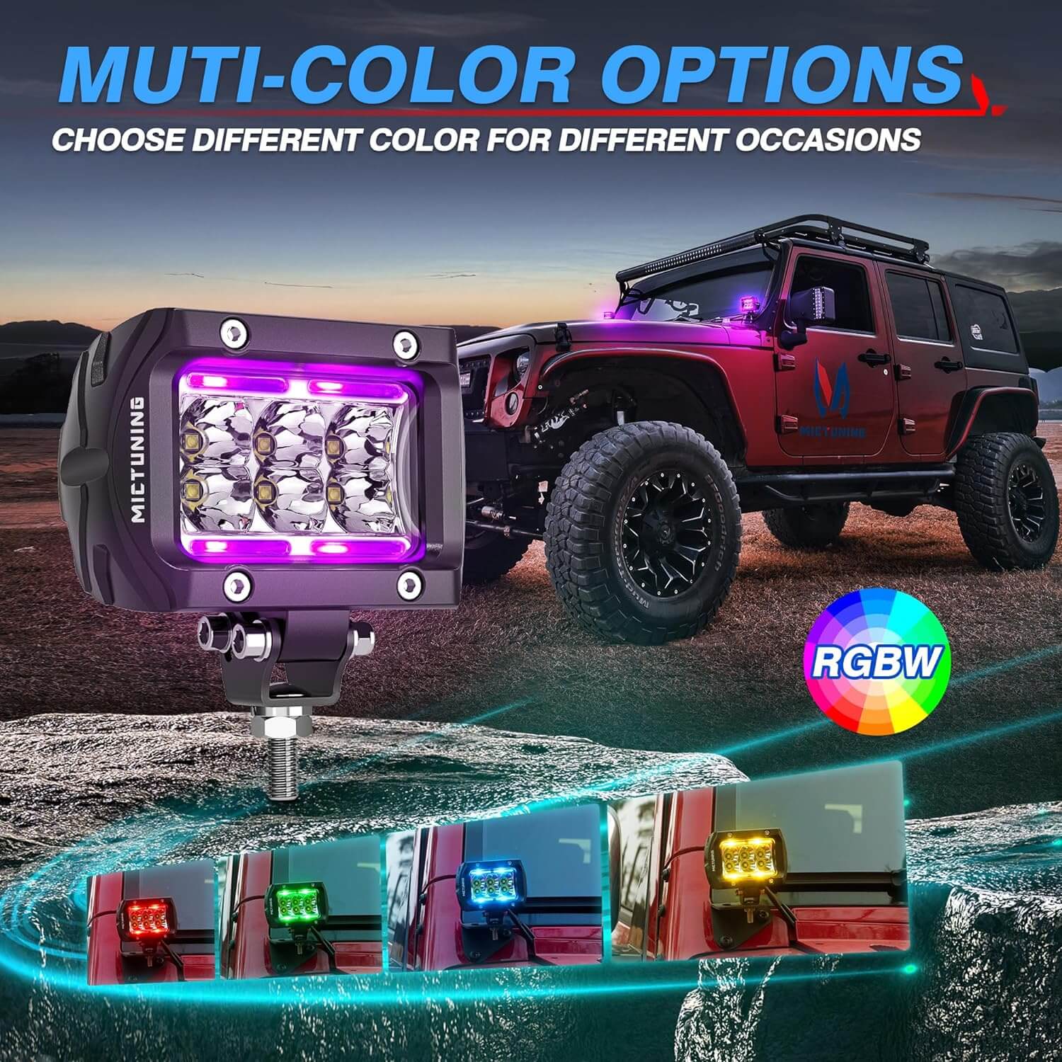 K1 RGBW LED Pods Light Atmosphere Light 2pcs - 4 Inch 18W Off Road Combo Driving Lights with APP Control