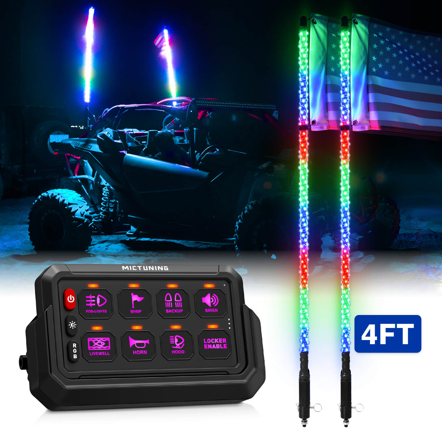 P1s-AC Wireless RGB Switch Panel Bundle with W1 Spiral 3FT/4FT Whip Lights