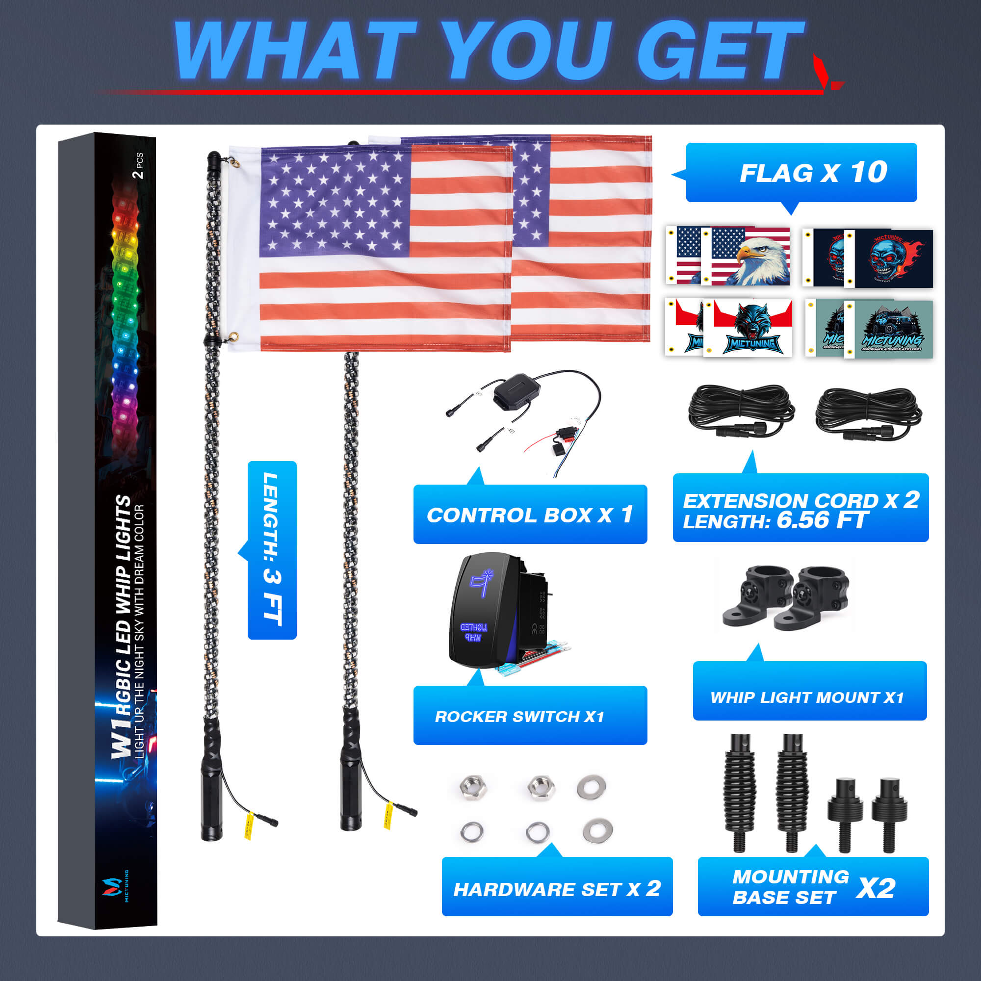 3FT/4FT W1 LED Whip Lights with Flag 2pcs/10pcs - Spiral Bendable RGB Chasing Color Antenna Whips - Bluetooth App Control