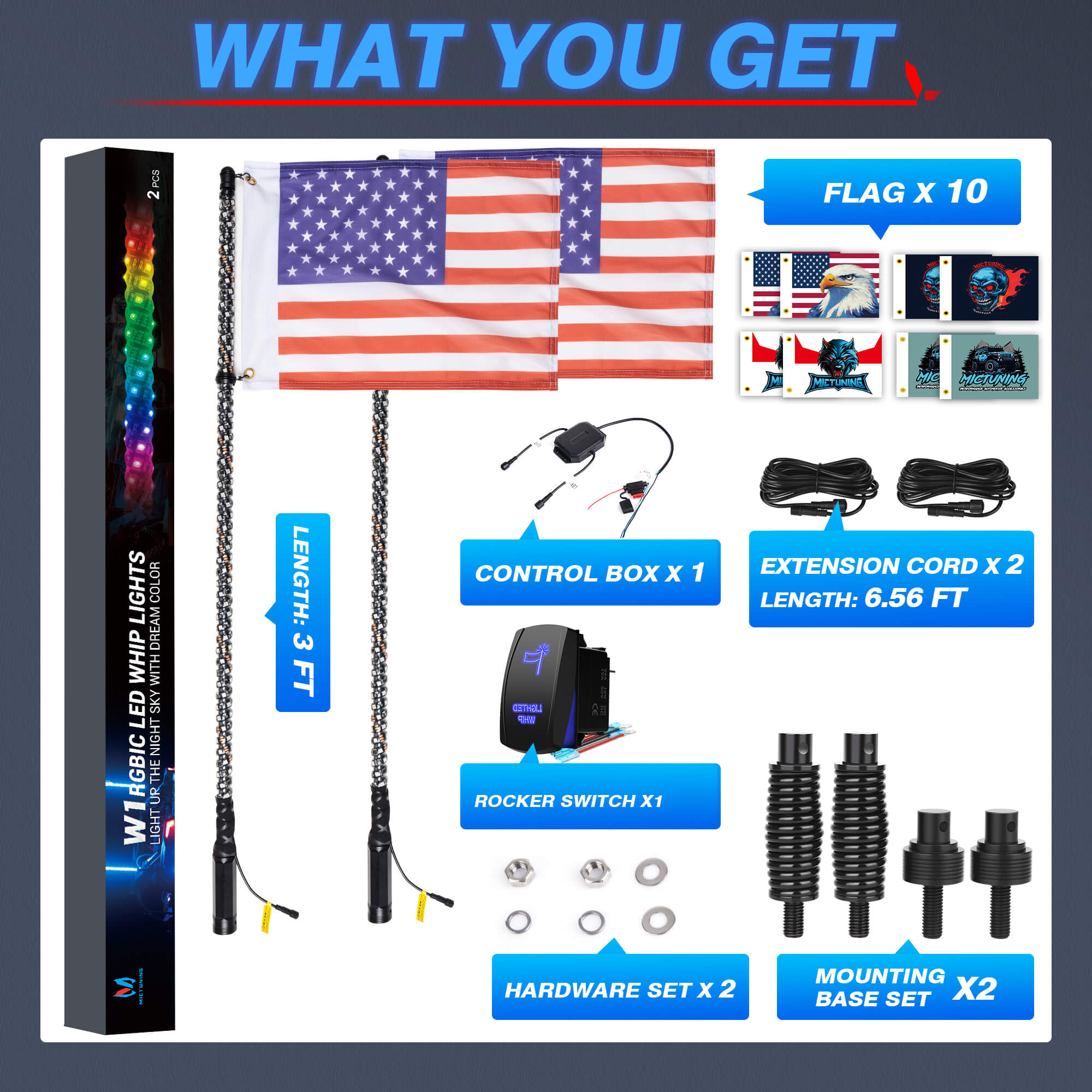 3FT/4FT W1 LED Whip Lights with Flag 2pcs/10pcs - Spiral Bendable RGB Chasing Color Antenna Whips - Bluetooth App Control