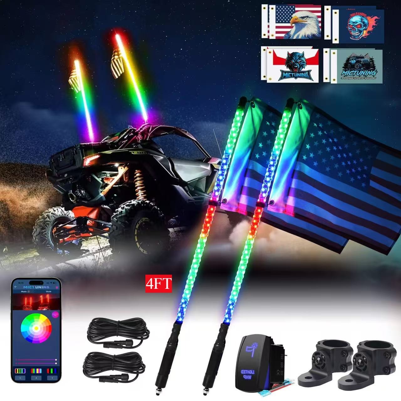 3FT/4FT W1 LED Whip Lights with Flag 2pcs/10pcs - Spiral Bendable RGB Chasing Color Antenna Whips - Bluetooth App Control