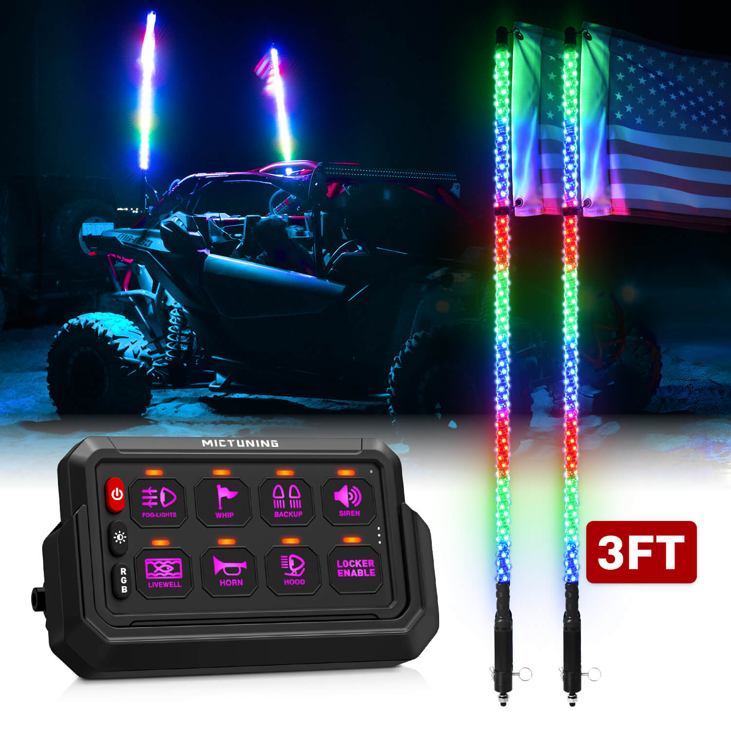 P1s-AC Wireless RGB Switch Panel Bundle with W1 Spiral 3FT/4FT Whip Lights