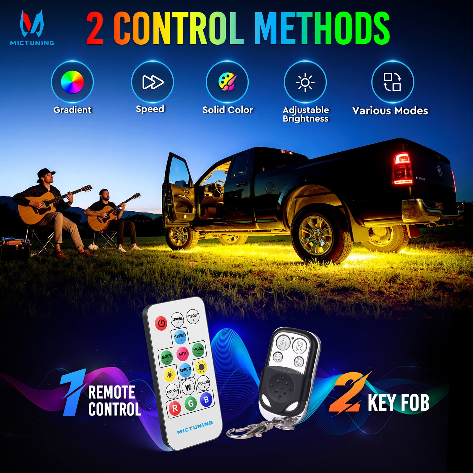 U8 RGB+IC/RGBW/RGB Underglow LED Light Bar, Dual Remote Control, Chasing Color Underbody Light Strip with Aluminum Housing, IP68 Waterproof, 8pcs