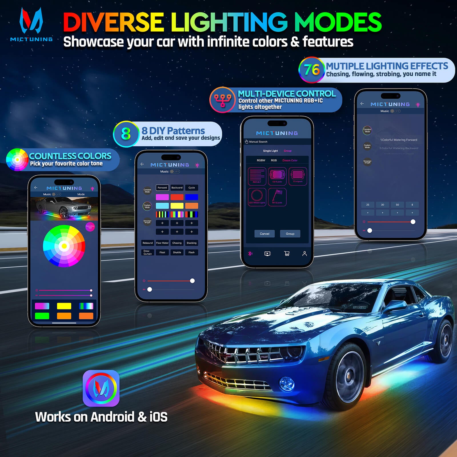 N8 Aluminum LED Car Underglow Light Kit, Exterior Underbody Multicolor Light Strip 8PCS - App+Remote Control（RGBW/RGB+IC）