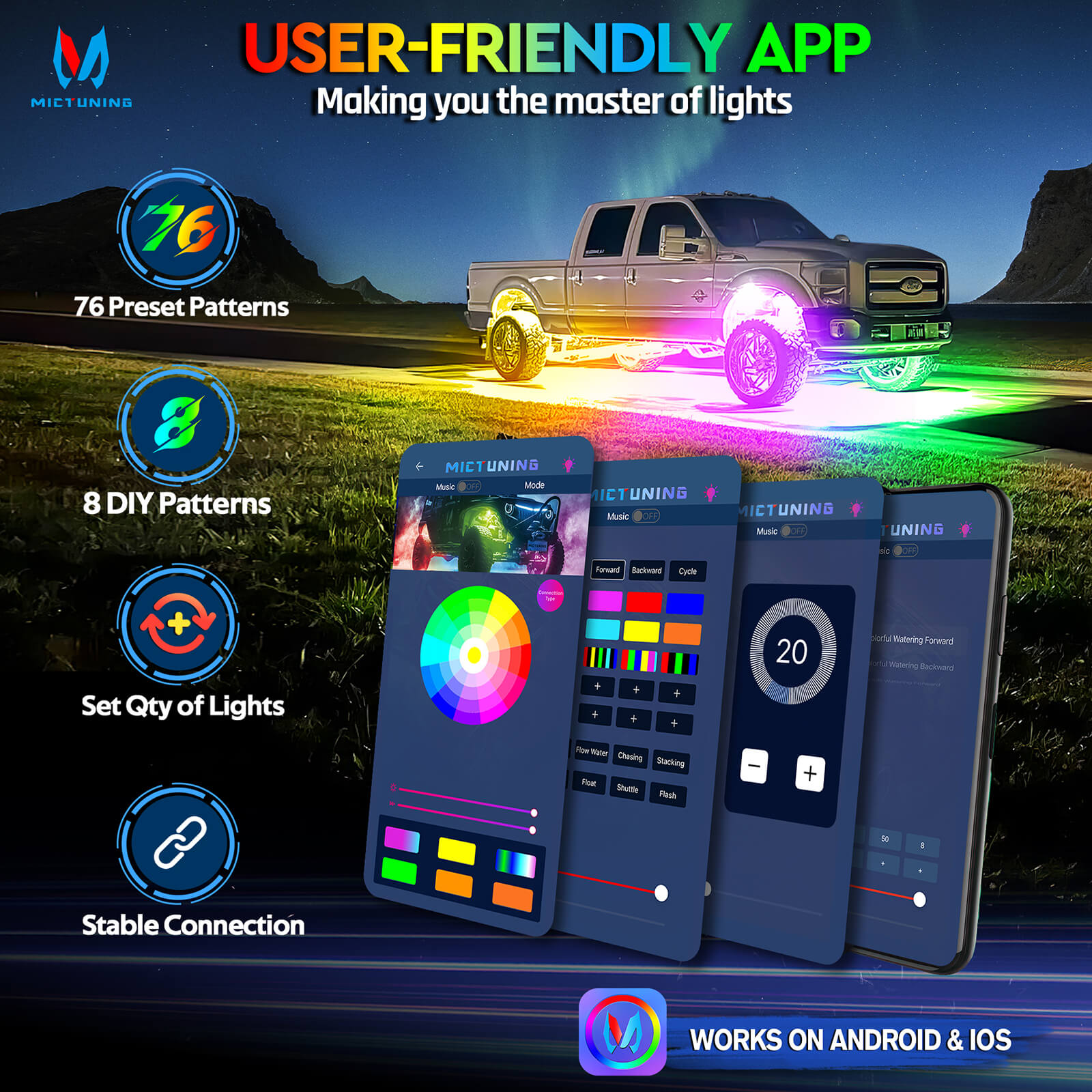 Q1 Max RGB+IC Rock Lights 8-24 Pods Bundle with 15.5″/17″ V1 RGB+IC Chasing Color Wheel Ring Lights Kit with APP Control