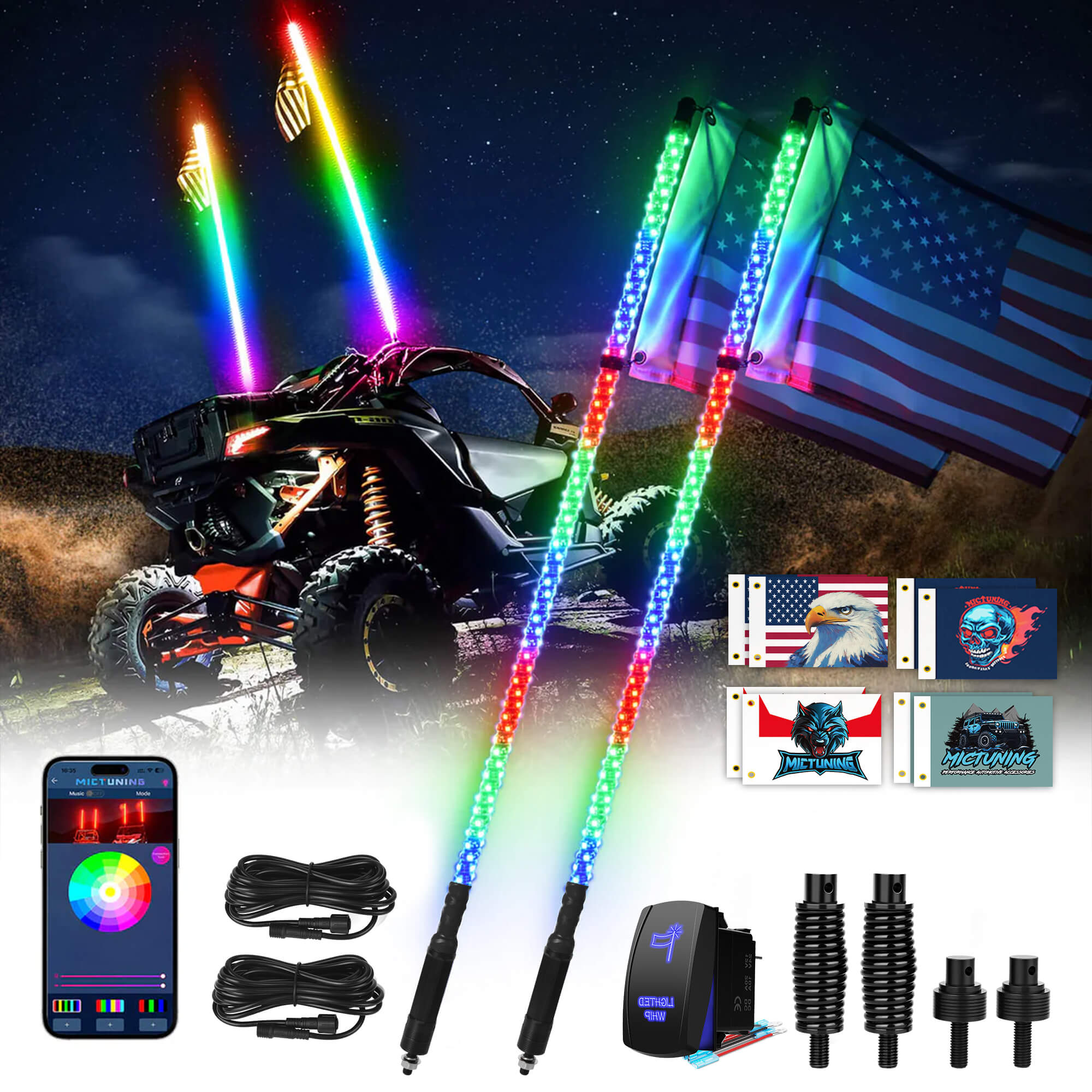 3FT/4FT W1 LED Whip Lights with Flag 2pcs/10pcs - Spiral Bendable RGB Chasing Color Antenna Whips - Bluetooth App Control