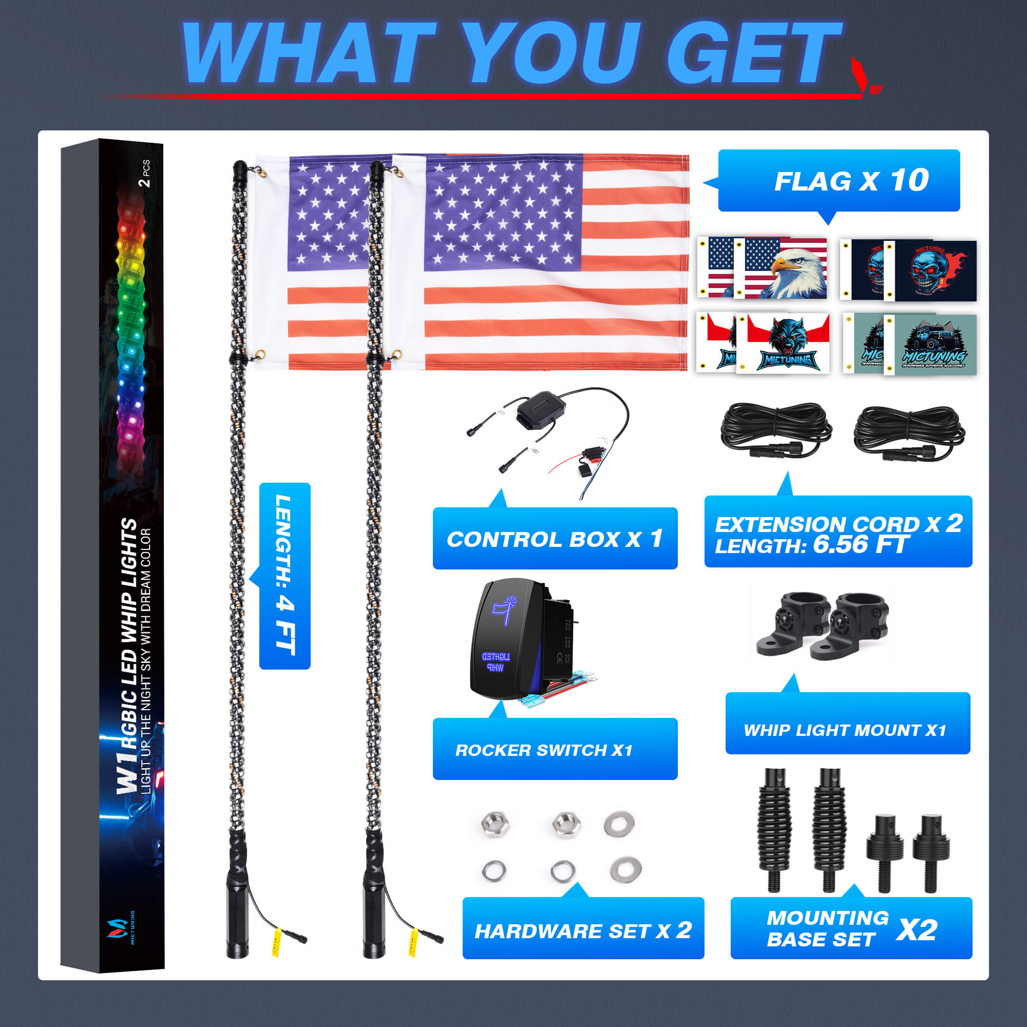 3FT/4FT W1 LED Whip Lights with Flag 2pcs/10pcs - Spiral Bendable RGB Chasing Color Antenna Whips - Bluetooth App Control