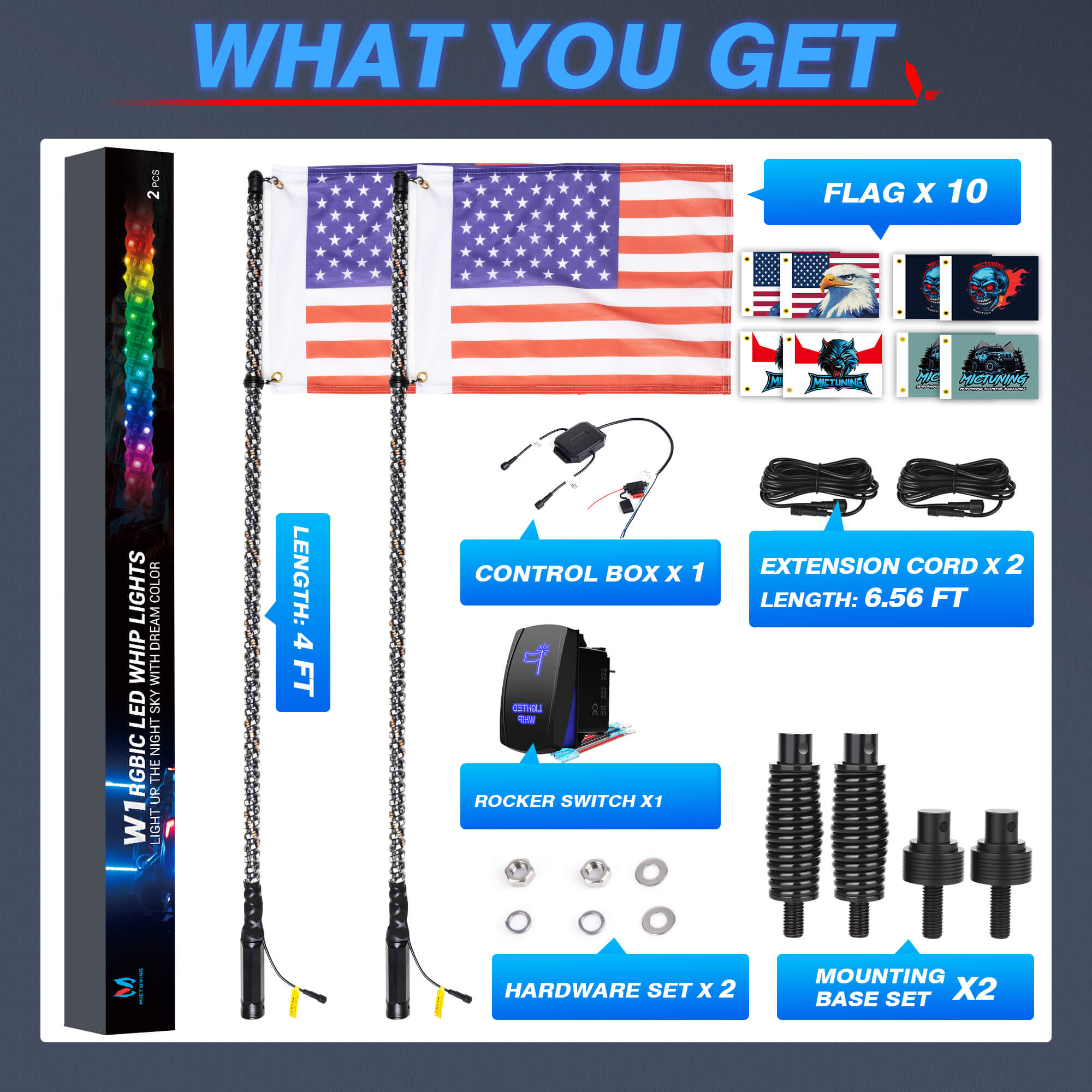 3FT/4FT W1 LED Whip Lights with Flag 2pcs/10pcs - Spiral Bendable RGB Chasing Color Antenna Whips - Bluetooth App Control