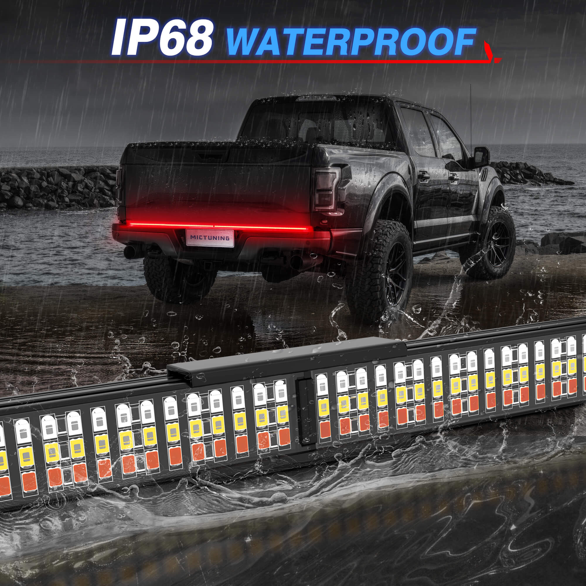 60" Foldable Tailgate Light Bar 3 Rows Light Strip,  LED Sequential Turn Signal Brake Running Reverse, No Drilling