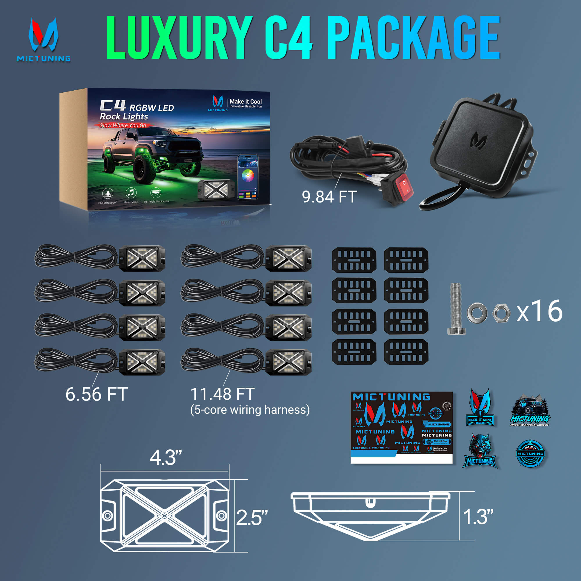 2025 Newest C4 360° Ultra-bright 4-Sided Wide Angle RGBW LED Rock Lights, Microphone Sync with APP Control, 8-16 Pods