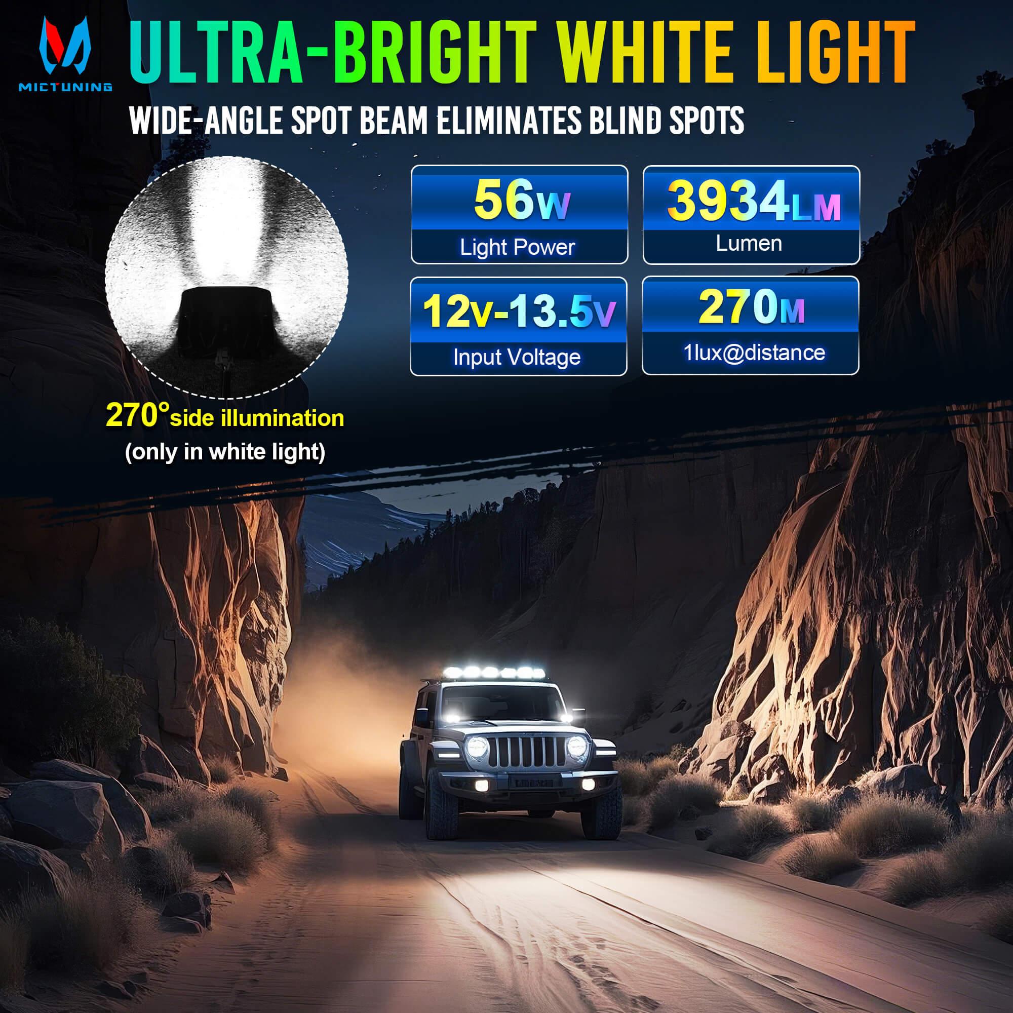 K3 4" LED Pod Lights Spot Beam, 56W RGB with White Offroad Driving Lights (7 Colors) 270° Wide Spotlight, with Wiring Harness Switch, Pair
