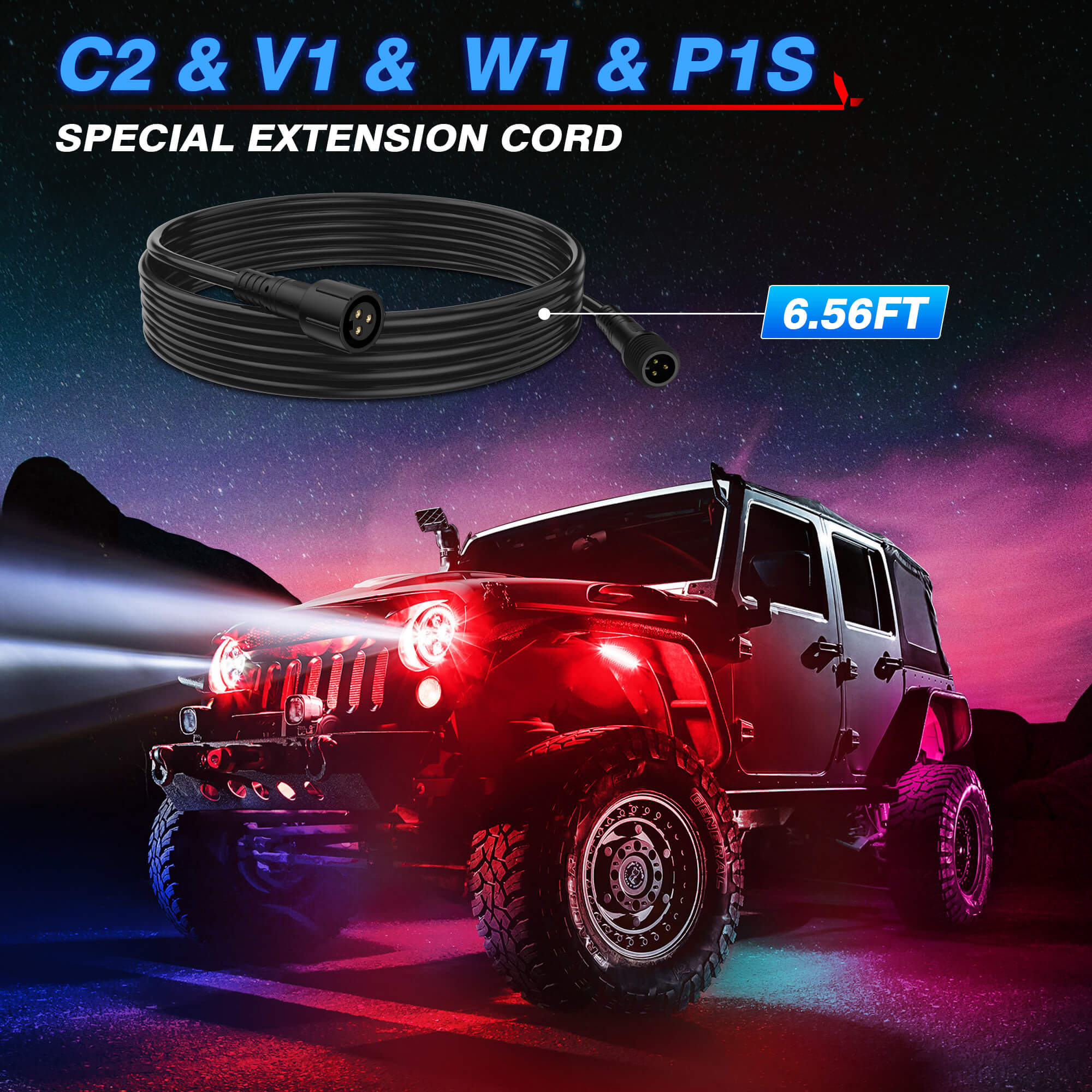 6.56FT 3-Pin Extension Cord Wire Cable for RGB+IC C2, V1, W1 Series Lights, P1B Switch Panel and Mictuning Whip Lights(Except for Whipless Whip Lights)