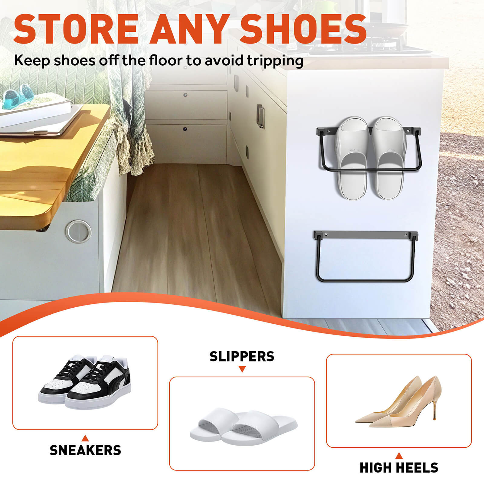 RV Shoe Storage Rack – Wall Mount, Foldable Camper Accessories Organizer, 13" Aluminum Hanging Shelf for Trailer (2 Pack)