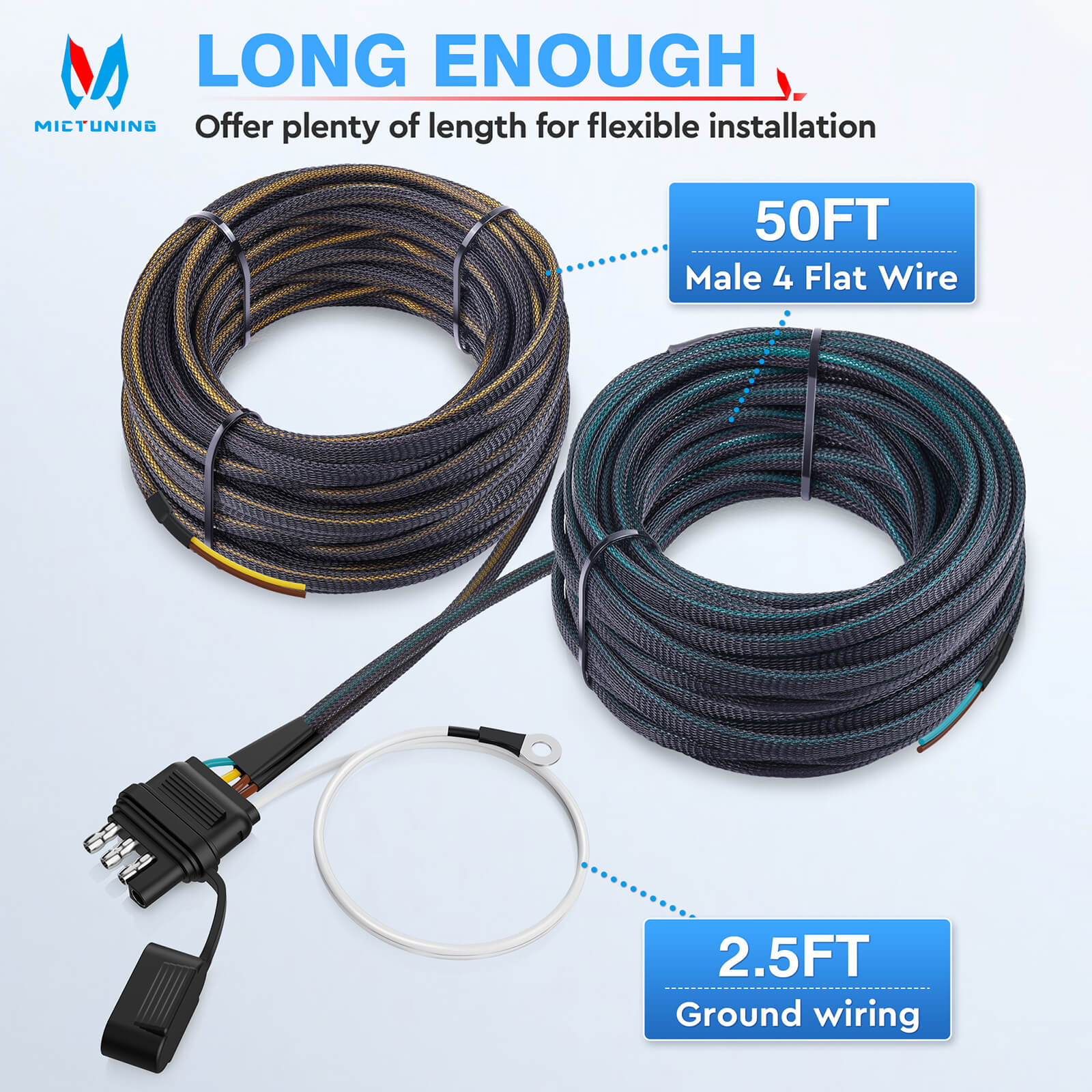 4 Pin 5 Wire Trailer Light Wiring Harness 22FT/50FT - Wishbone 4-Way Flat 5 Wire Plug for Rewiring Both-Side Taillights, Trailer End Connector