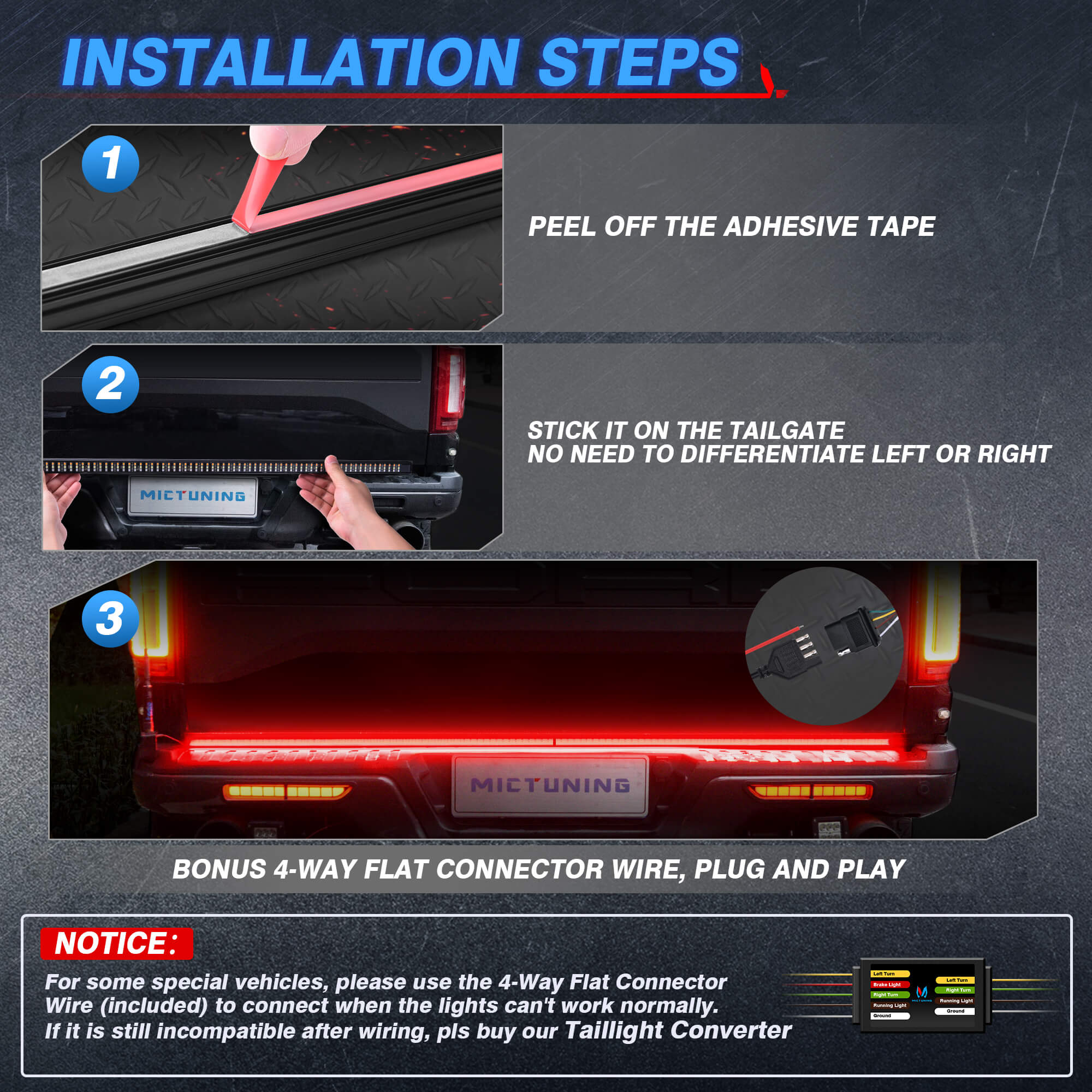 60" Foldable Tailgate Light Bar 3 Rows Light Strip,  LED Sequential Turn Signal Brake Running Reverse, No Drilling
