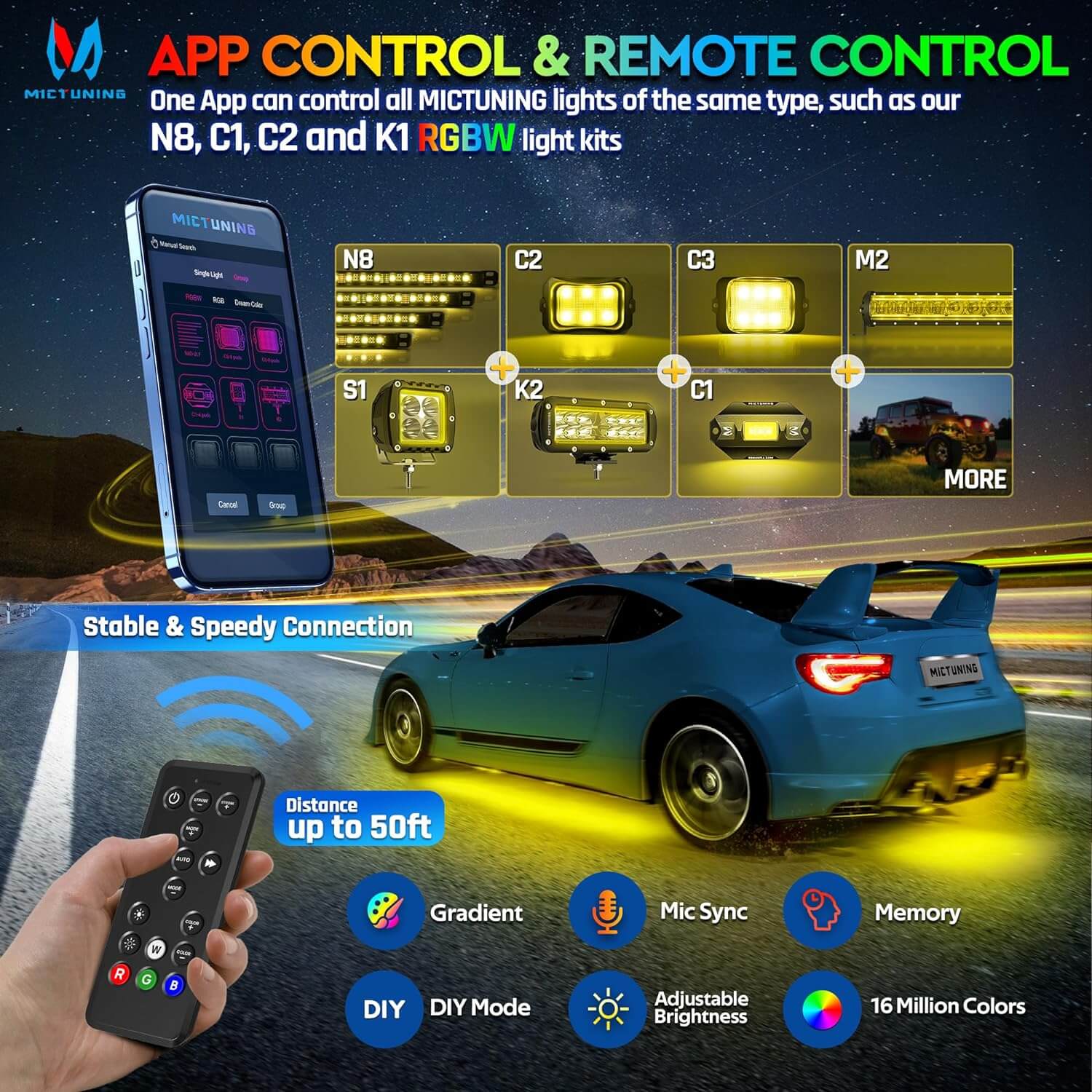 N8 Aluminum LED Car Underglow Light Kit, Exterior Underbody Multicolor Light Strip 8PCS - App+Remote Control（RGBW/RGB+IC）