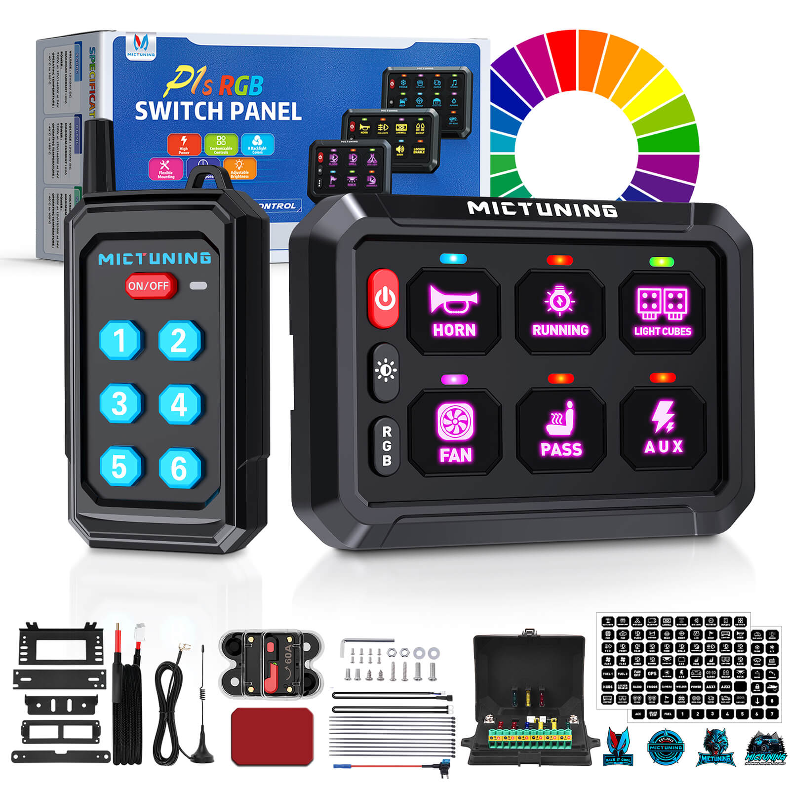 P1s RGB Switch Panel with Remote Control Range Up to 230FT, 6/8/12 Gang, Multifunction Toggle Momentary Strobe Pulsed Switch Pod w/ Silicone Cover