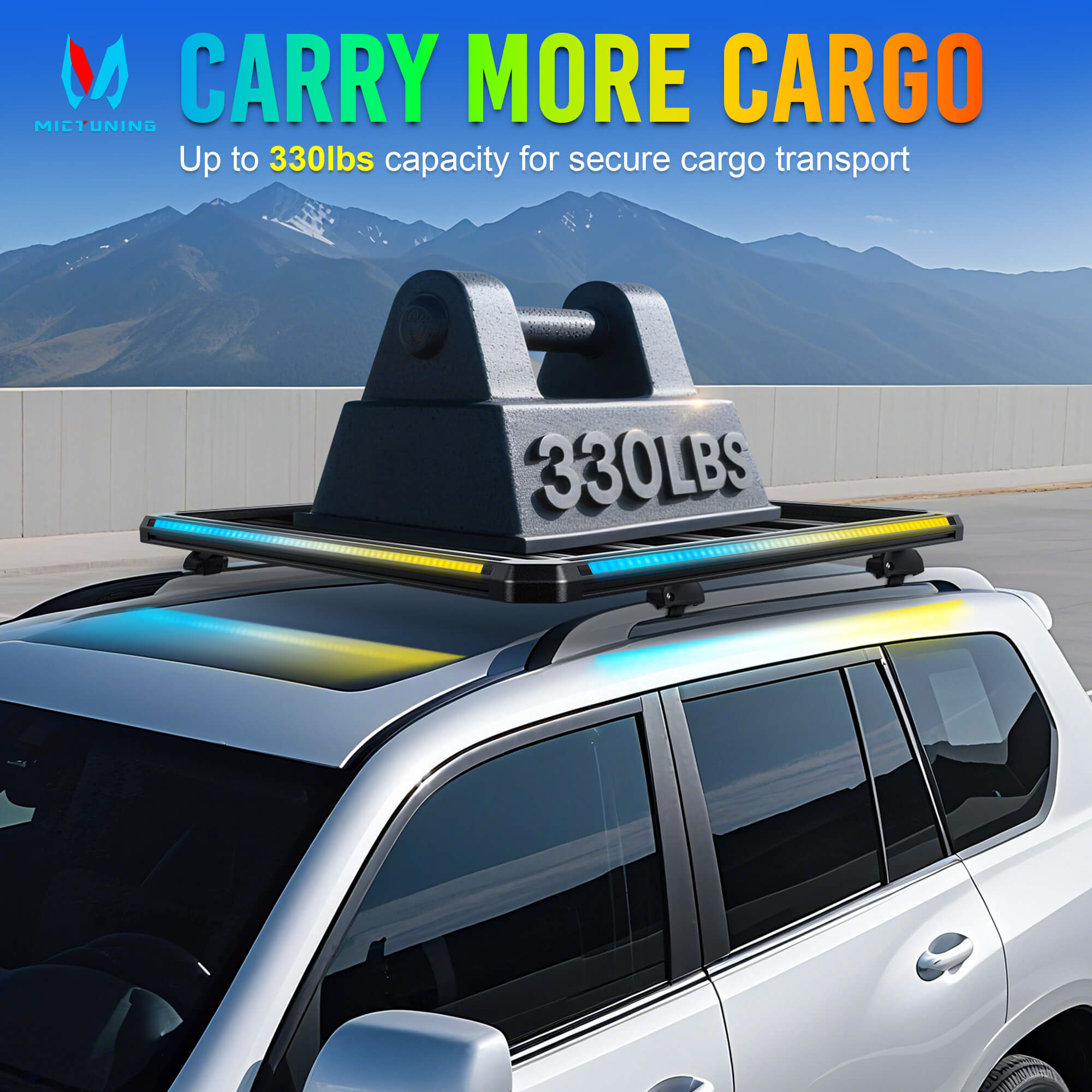 Newest LED Roof Rack Cargo Platform w/ built-in RGB+IC Light Strips, RGB Chasing Lights Frame, Aluminum, 55.1" x 47.2", Fits Most 2-Bar SUVs (Only Ships to U.S. )
