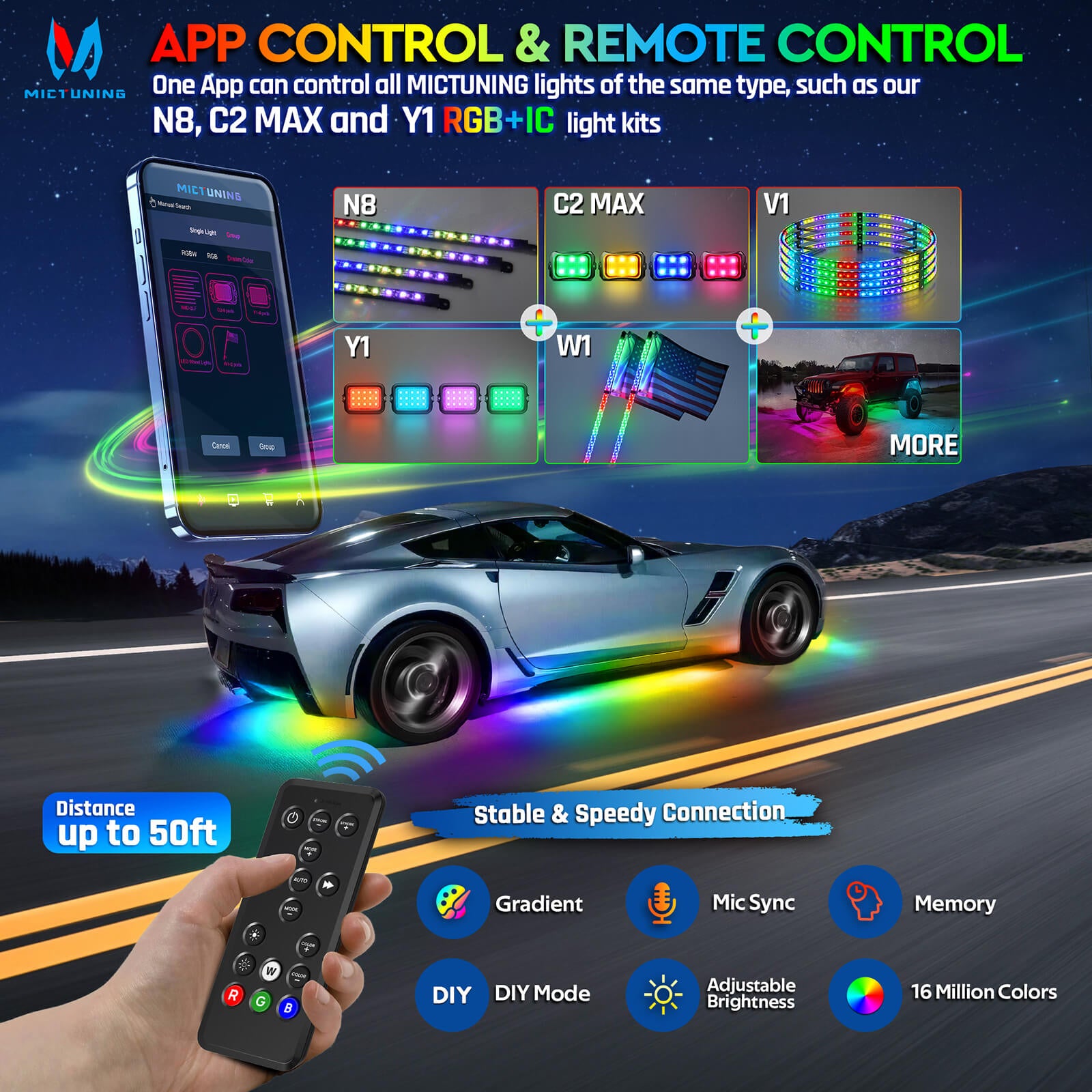 N8 Aluminum LED Car Underglow Light Kit, Exterior Underbody Multicolor Light Strip 8PCS - App+Remote Control（RGBW/RGB+IC）