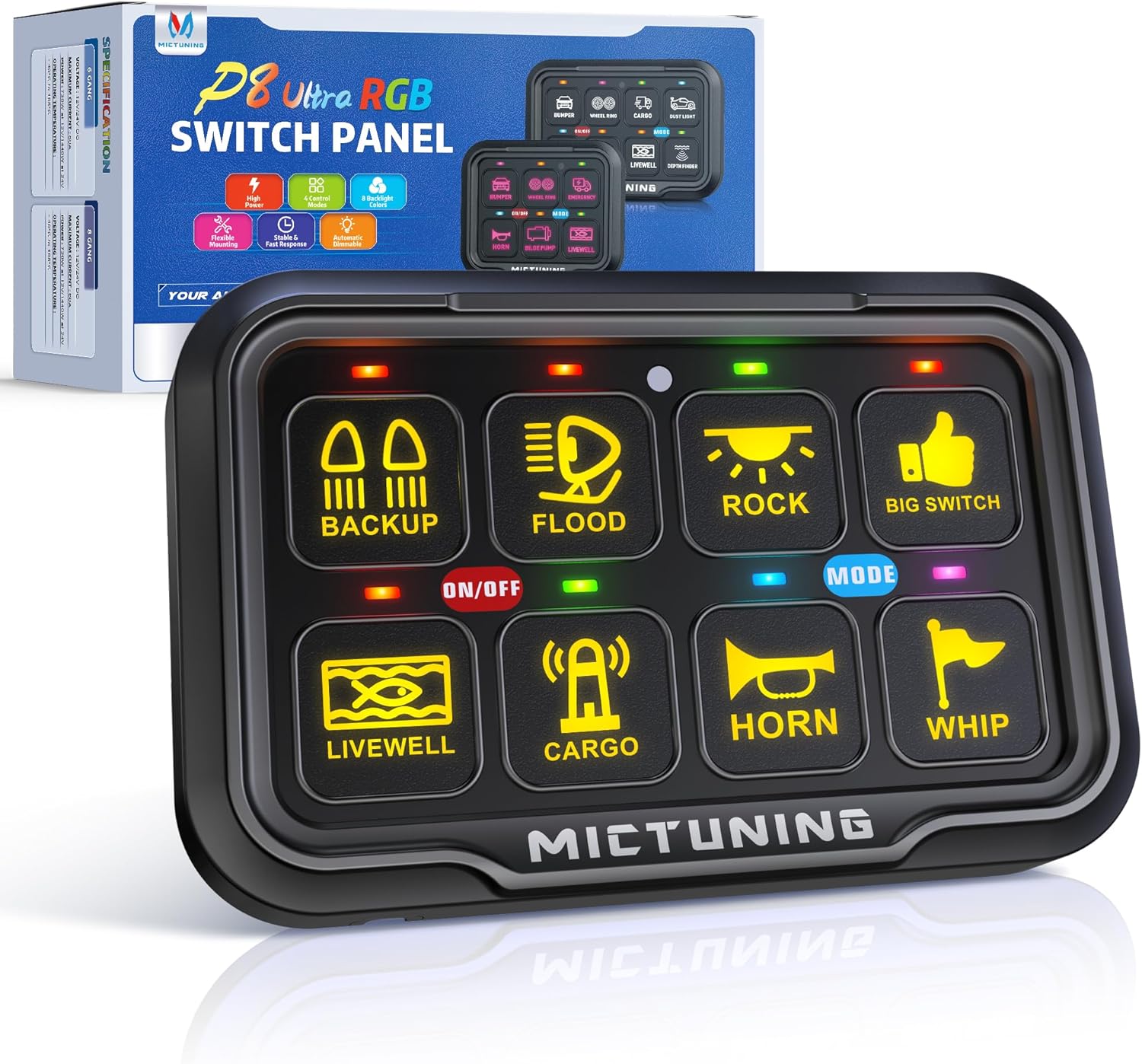 MICTUNING P8-Ultra 6/8 Gang RGB Switch Panel, Upgraded IP67, Larger & Tactile Switches