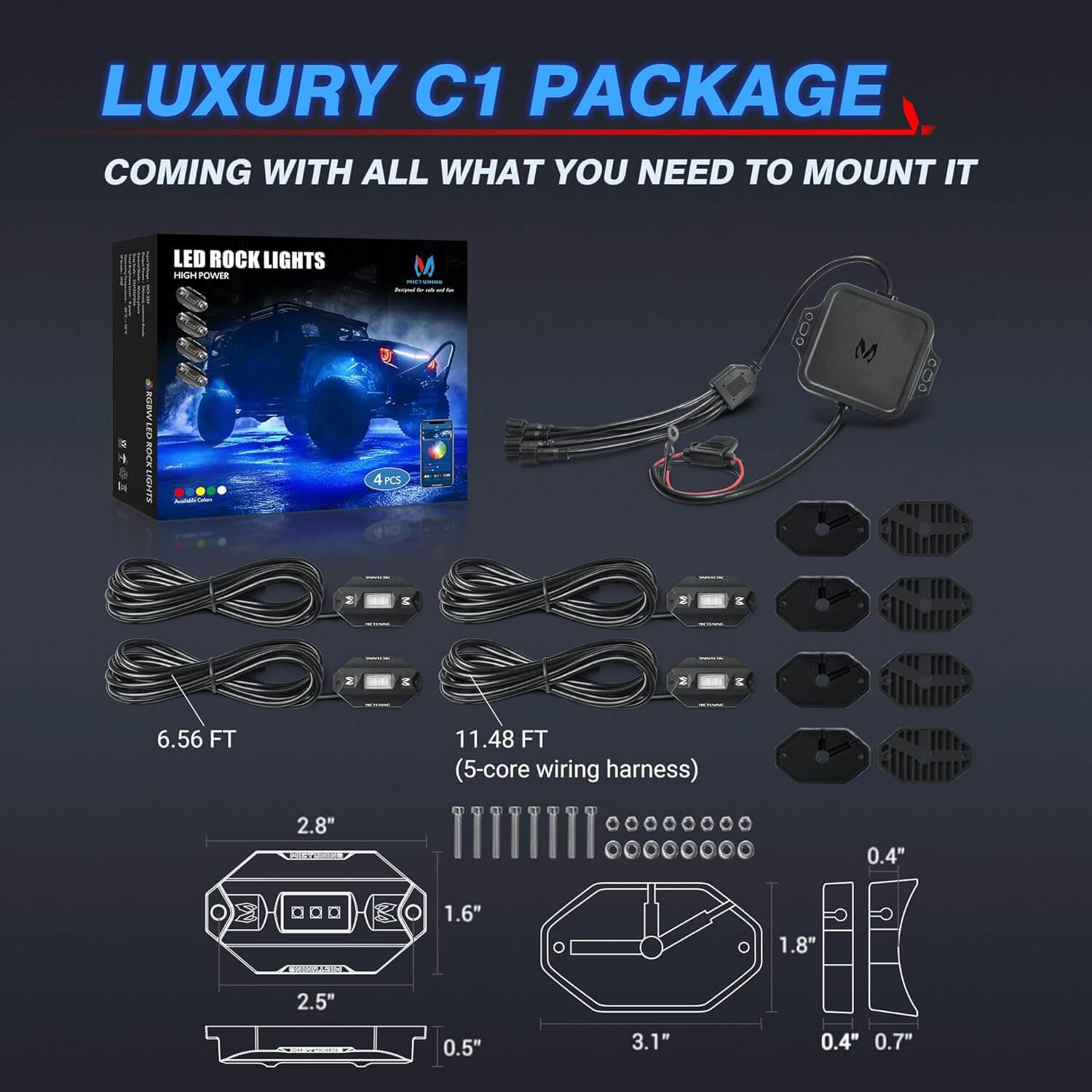 C1 RGBW LED Rock Lights 4-16 Pods Multicolor Underglow Neon Offroad Light Kit