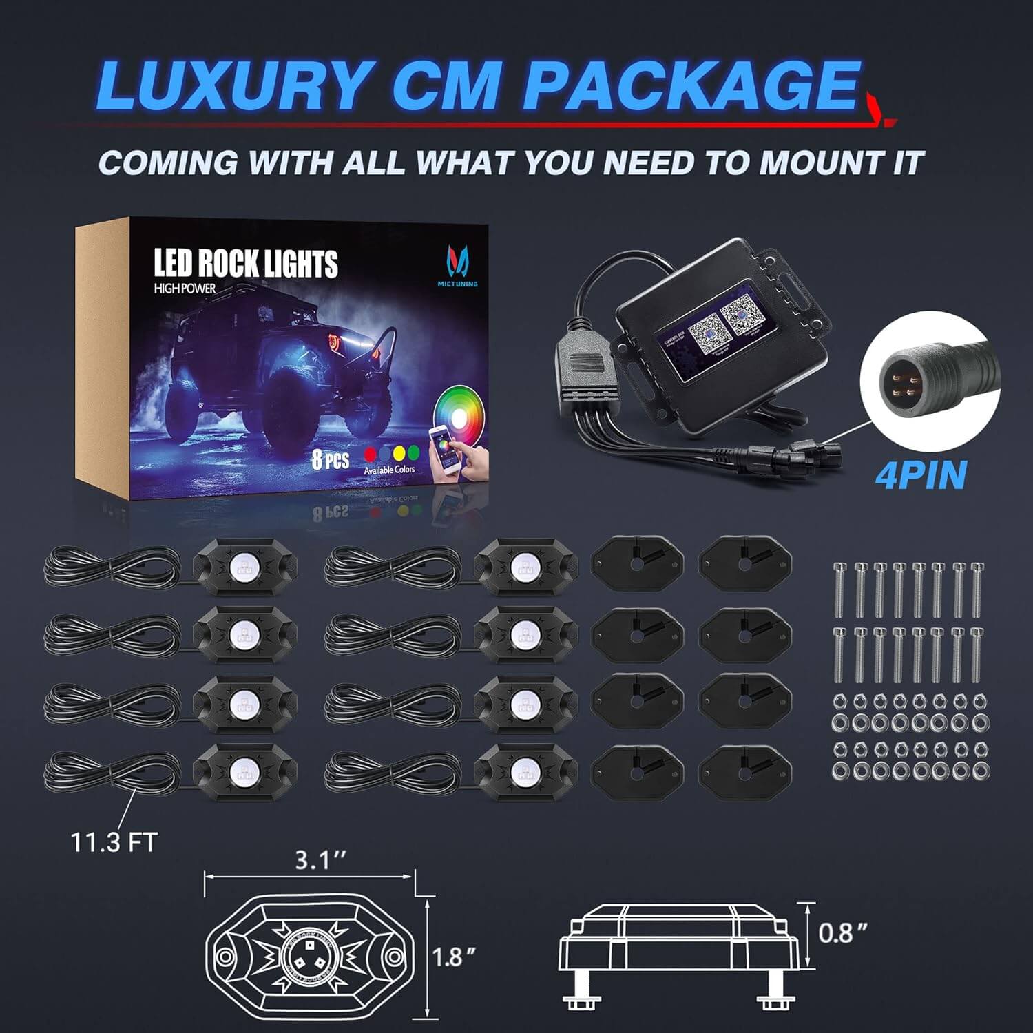 CM RGB LED Rock Lights Kits 4-12 Pods, 2nd-Gen RGB LED Rock Lights, APP Control