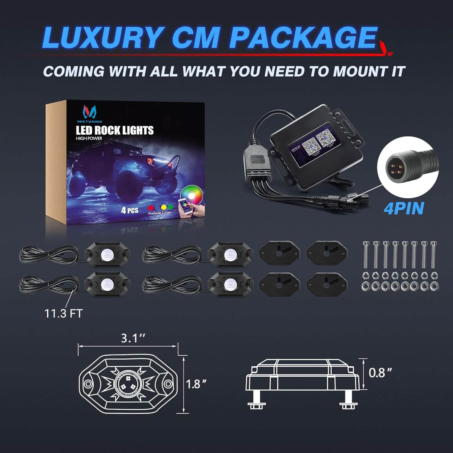 CM RGB LED Rock Lights Kits 4-12 Pods, 2nd-Gen RGB LED Rock Lights, APP Control