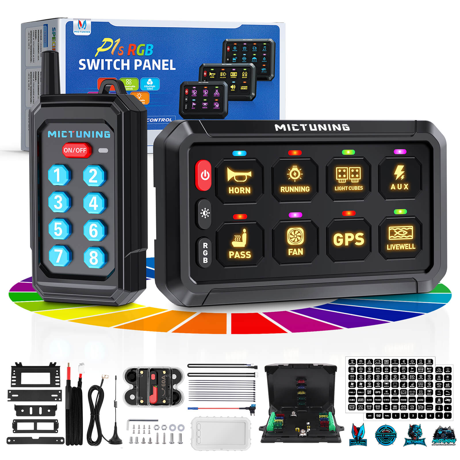 P1s RGB Switch Panel with Remote Control Range Up to 230FT, 6/8/12 Gang, Multifunction Toggle Momentary Strobe Pulsed Switch Pod w/ Silicone Cover