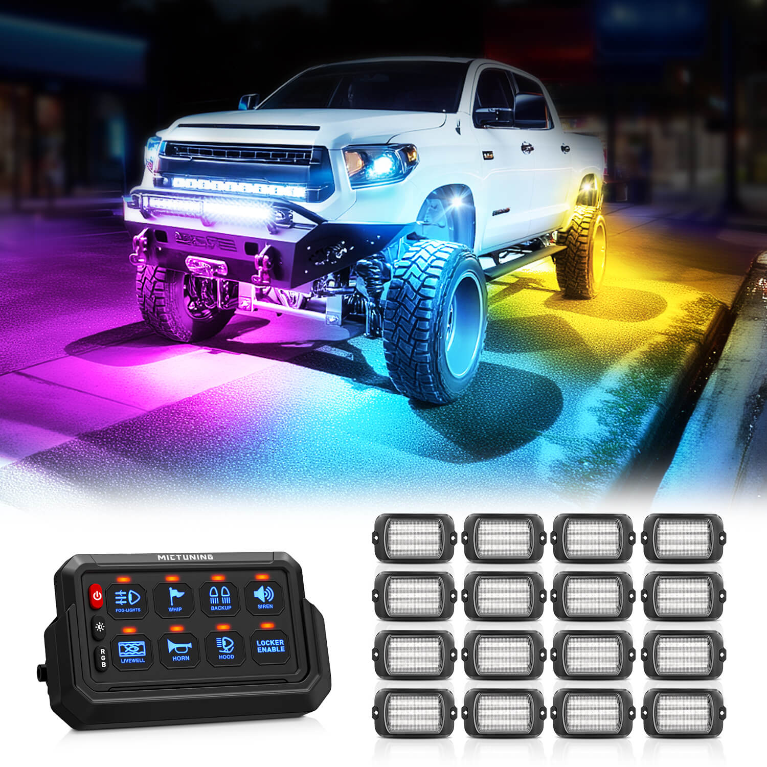Q1 Max RGB+IC Rock Lights 8-24 Pods Bundle with P1s-AC Wireless 8/12 Gang RGB Switch Panel Removable Panel