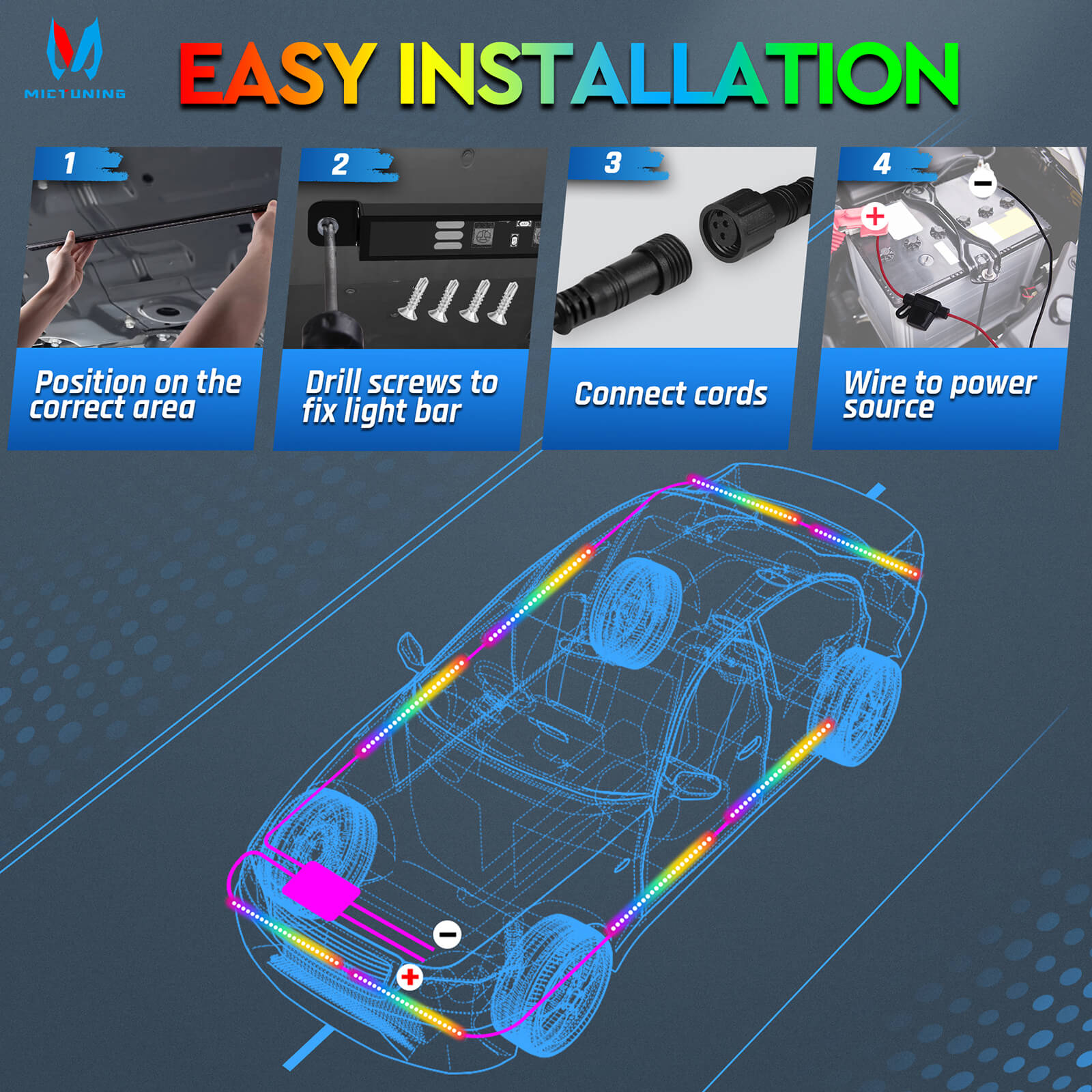 N8 Aluminum LED Car Underglow Light Kit, Exterior Underbody Multicolor Light Strip 8PCS - App+Remote Control（RGBW/RGB+IC）